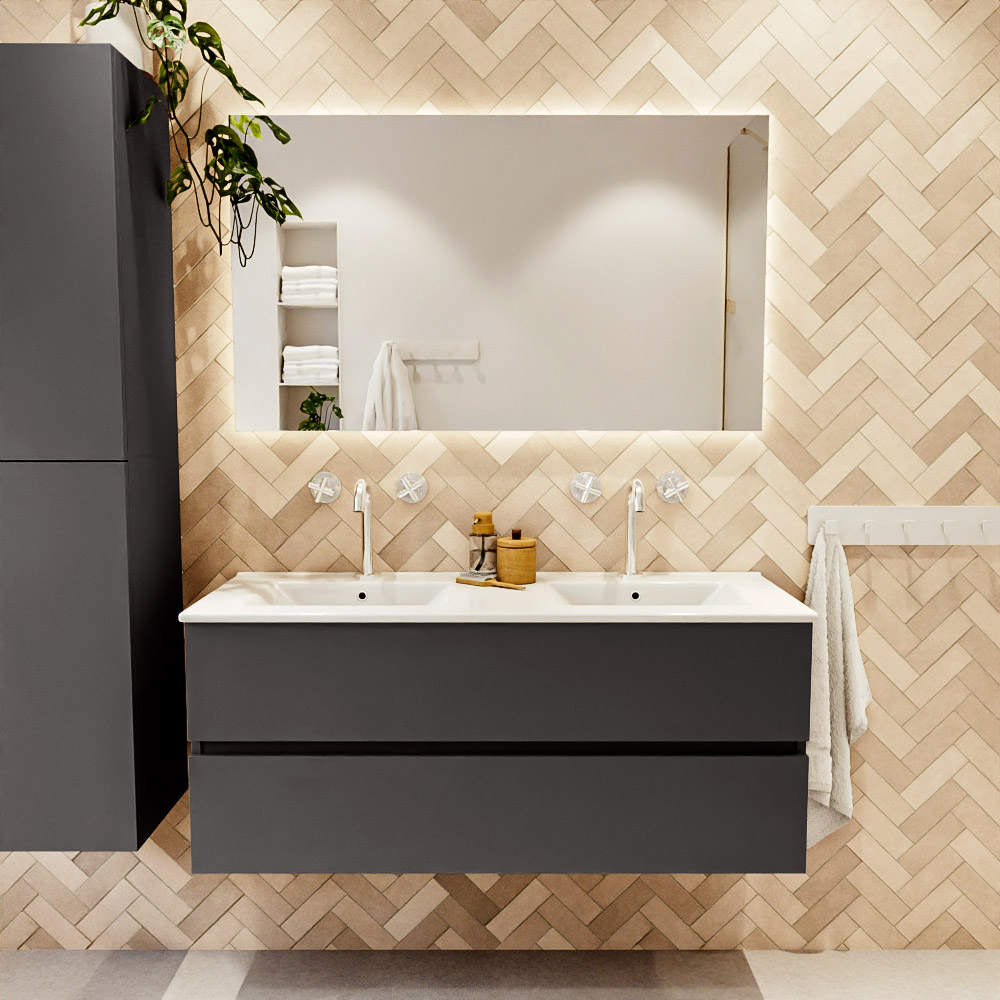 MONDIAZ VICA 120cm mueble de baño Dark Grey 2 cajones. Lavabo DENIA Doble 2 orificios color Blanco brillo con espejo LED. 2 MONDIAZ VICA 120cm mueble de baño Dark Grey 2 cajones. Lavabo DENIA Doble 2 orificios color Blanco brillo con espejo LED. - Imagen 2