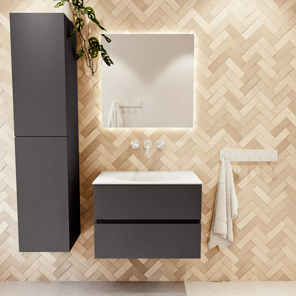 MONDIAZ VICA 70cm mueble de baño Dark Grey 2 cajones. Lavabo MOON Centro sin orificio color Talc con espejo LED. 2 MONDIAZ VICA 70cm mueble de baño Dark Grey 2 cajones. Lavabo MOON Centro sin orificio color Talc con espejo LED. - Imagen 2