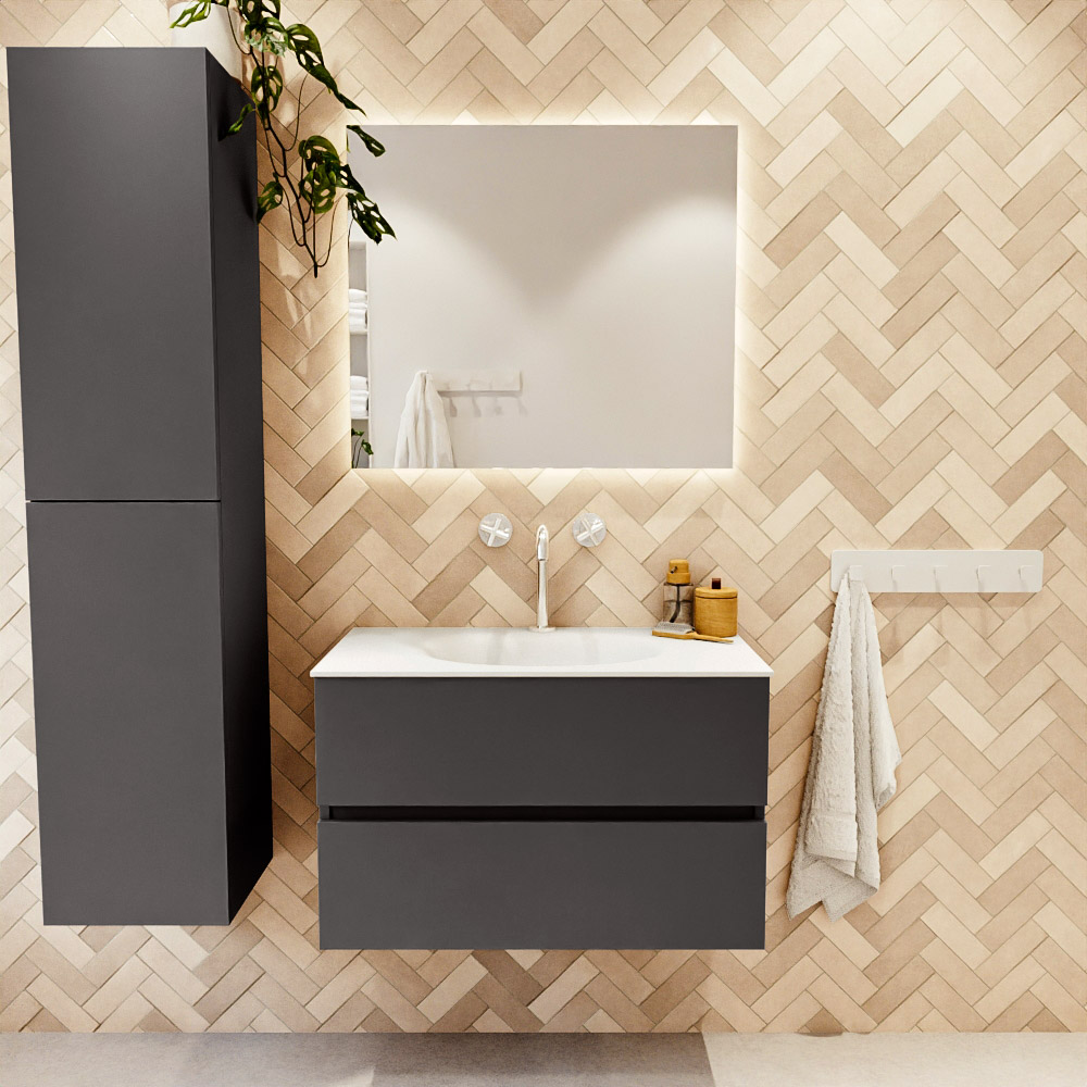 MONDIAZ VICA 80cm mueble de baño Dark Grey 2 cajones. Lavabo MOON Centro 1 orificio color Talc con espejo LED. 2 MONDIAZ VICA 80cm mueble de baño Dark Grey 2 cajones. Lavabo MOON Centro 1 orificio color Talc con espejo LED. - Imagen 2