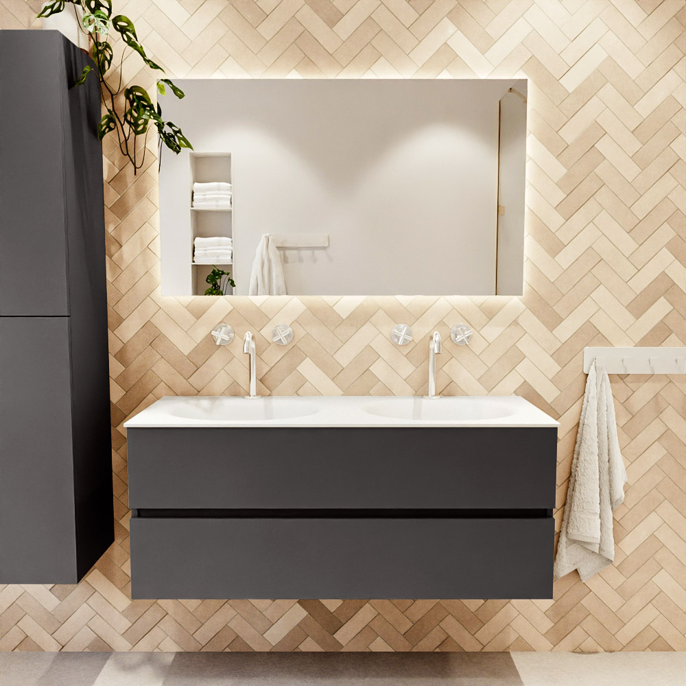 MONDIAZ VICA 120cm mueble de baño Dark Grey 2 cajones. Lavabo MOON Doble 2 orificios color Talc con espejo LED. 2 MONDIAZ VICA 120cm mueble de baño Dark Grey 2 cajones. Lavabo MOON Doble 2 orificios color Talc con espejo LED. - Imagen 2
