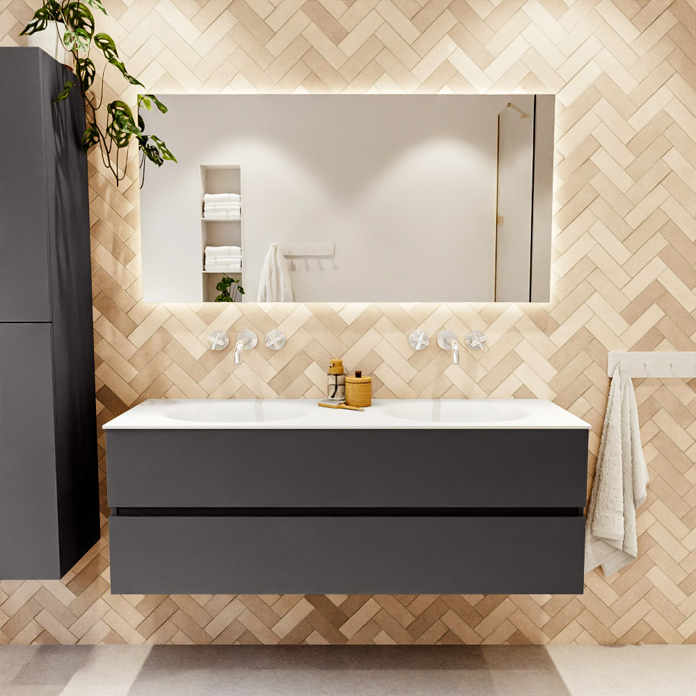 MONDIAZ VICA 140cm mueble de baño Dark Grey 2 cajones. Lavabo MOON Doble sin orificio color Talc con espejo LED. 2 MONDIAZ VICA 140cm mueble de baño Dark Grey 2 cajones. Lavabo MOON Doble sin orificio color Talc con espejo LED. - Imagen 2