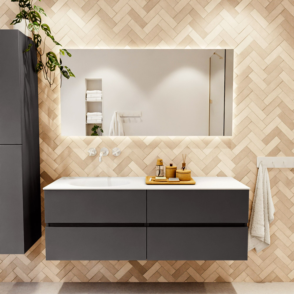 MONDIAZ VICA 140cm mueble de baño Dark Grey 4 cajones. Lavabo MOON Izquierda sin orificio color Talc con espejo LED. 2 MONDIAZ VICA 140cm mueble de baño Dark Grey 4 cajones. Lavabo MOON Izquierda sin orificio color Talc con espejo LED. - Imagen 2