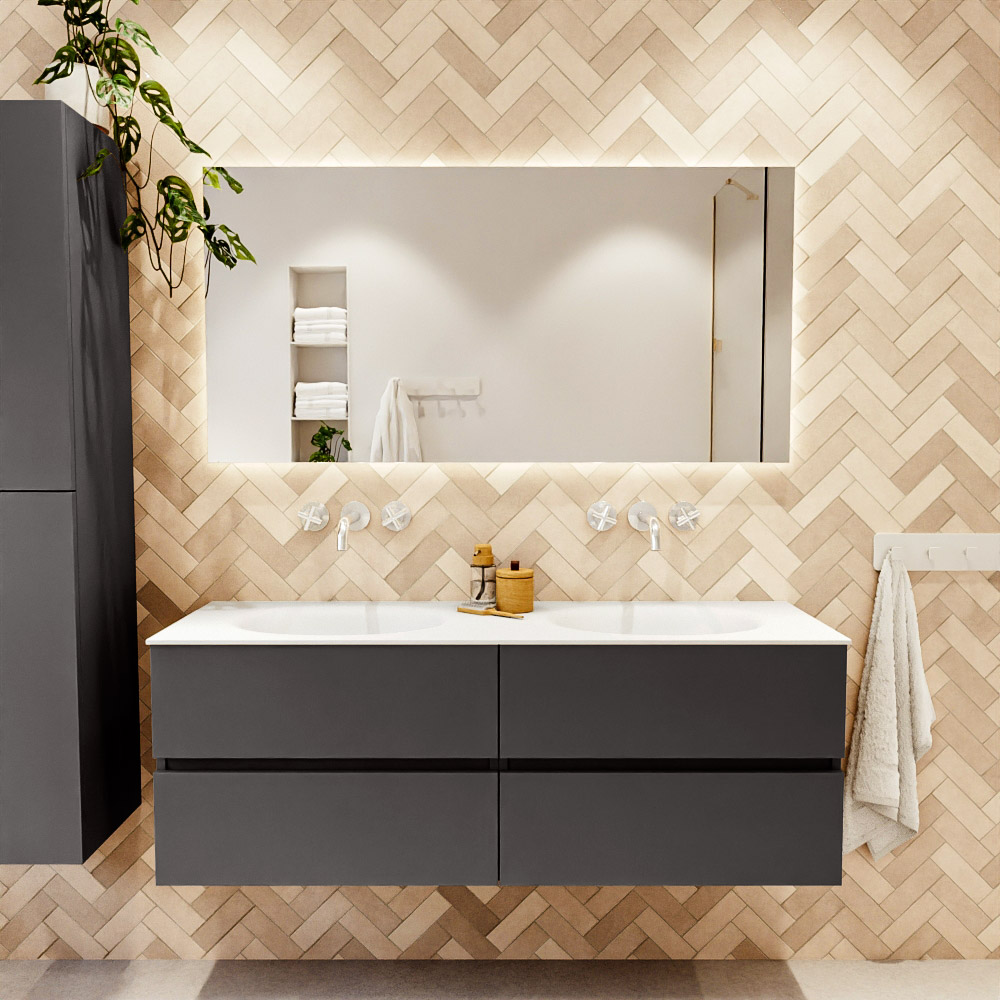MONDIAZ VICA 140cm mueble de baño Dark Grey 4 cajones. Lavabo MOON Doble sin orificio color Talc con espejo LED. 2 MONDIAZ VICA 140cm mueble de baño Dark Grey 4 cajones. Lavabo MOON Doble sin orificio color Talc con espejo LED. - Imagen 2