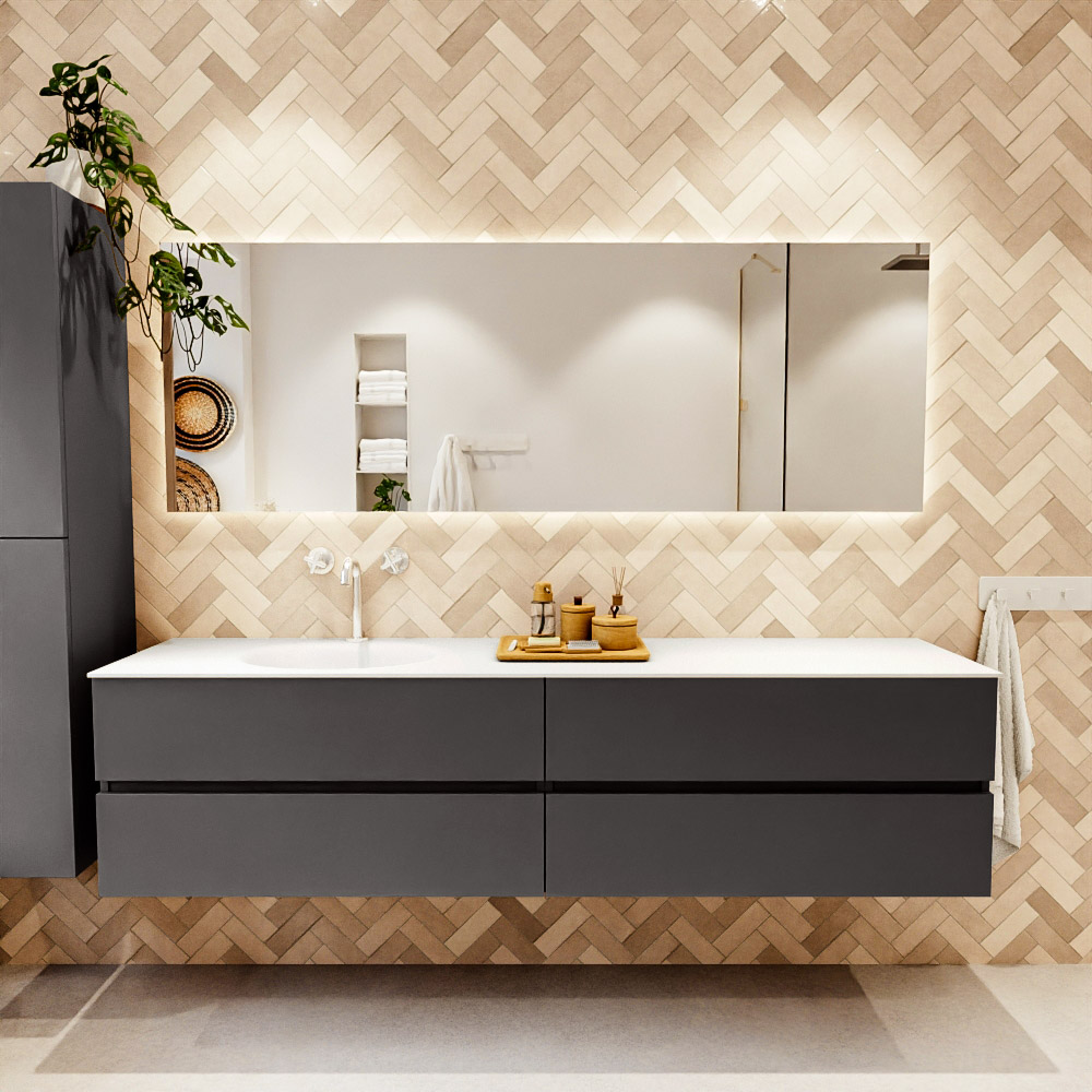 MONDIAZ VICA 200cm mueble de baño Dark Grey 4 cajones. Lavabo MOON Izquierda 1 orificio color Talc con espejo LED. 2 MONDIAZ VICA 200cm mueble de baño Dark Grey 4 cajones. Lavabo MOON Izquierda 1 orificio color Talc con espejo LED. - Imagen 2