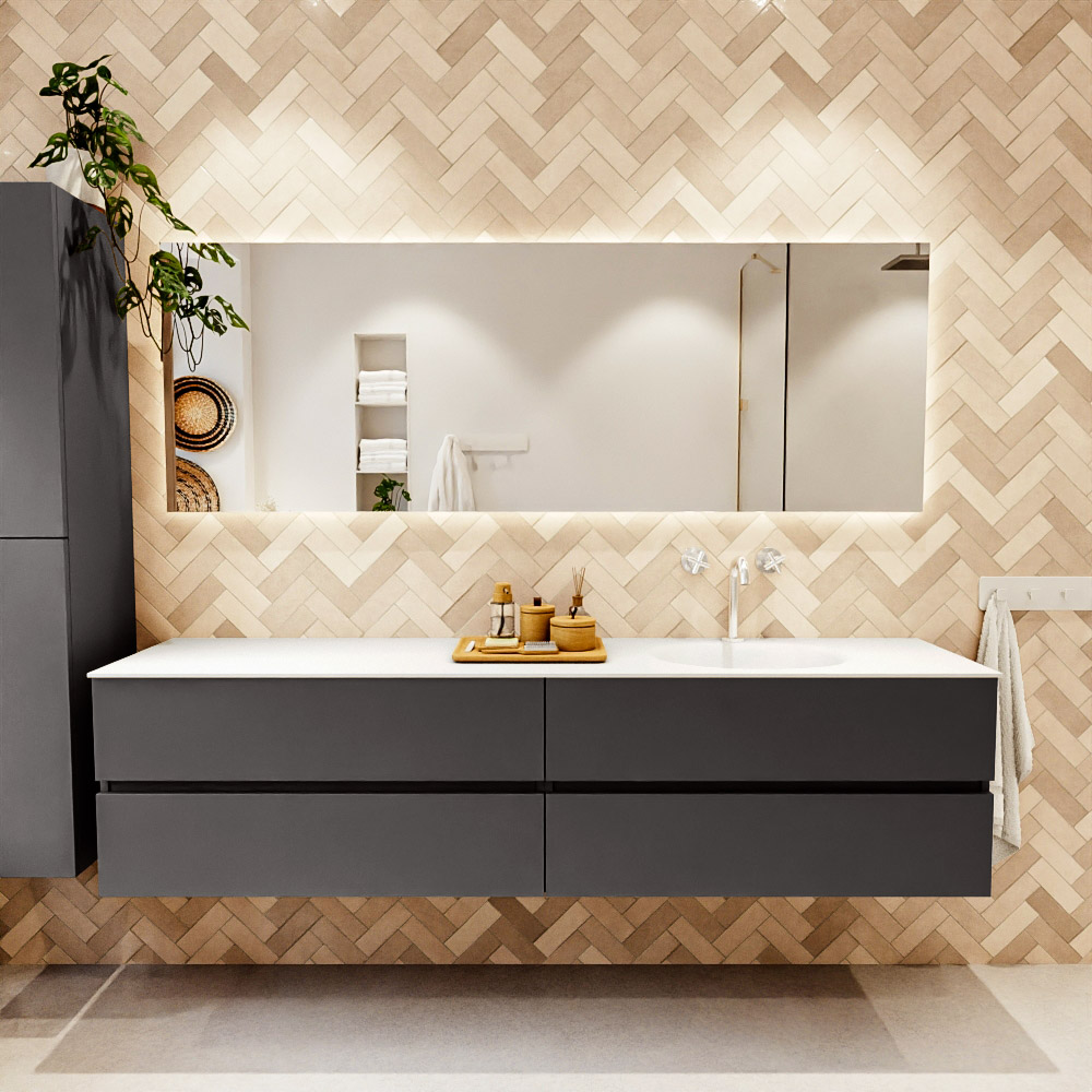 MONDIAZ VICA 200cm mueble de baño Dark Grey 4 cajones. Lavabo MOON Derecho 1 orificio color Talc con espejo LED. 2 MONDIAZ VICA 200cm mueble de baño Dark Grey 4 cajones. Lavabo MOON Derecho 1 orificio color Talc con espejo LED. - Imagen 2