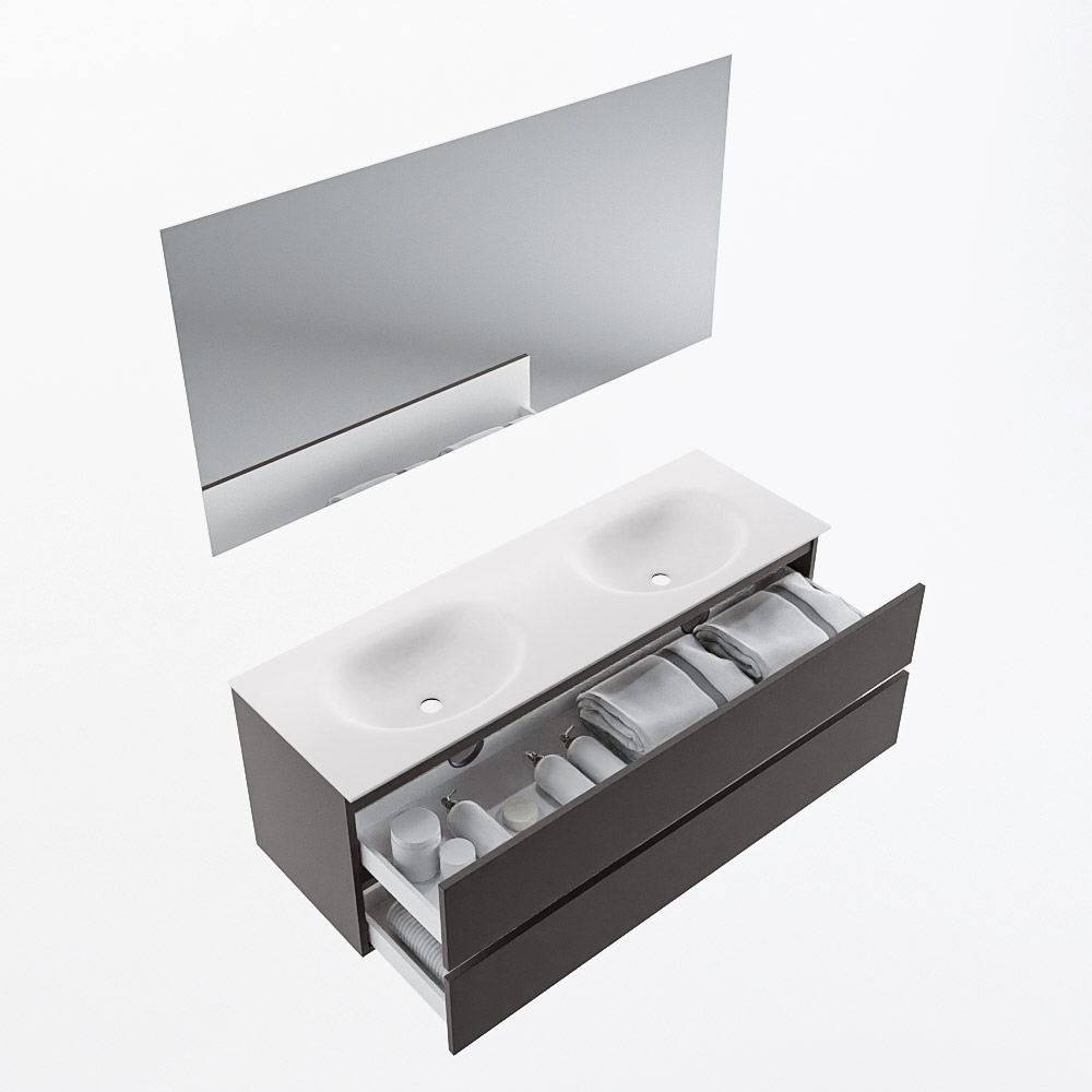 MONDIAZ VICA 140cm mueble de baño Dark Grey 2 cajones. Lavabo MOON Doble sin orificio color Talc con espejo LED. 7 MONDIAZ VICA 140cm mueble de baño Dark Grey 2 cajones. Lavabo MOON Doble sin orificio color Talc con espejo LED. - Imagen 7