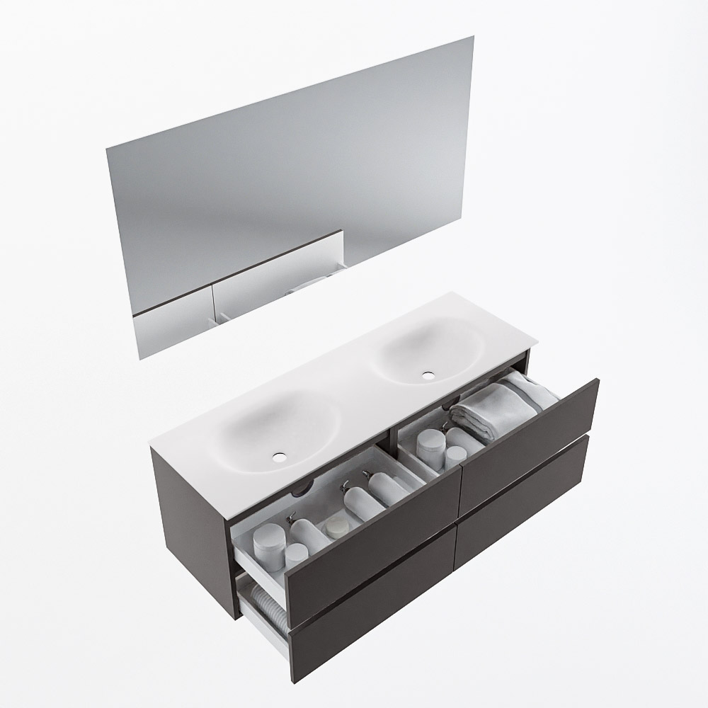 MONDIAZ VICA 140cm mueble de baño Dark Grey 4 cajones. Lavabo MOON Doble sin orificio color Talc con espejo LED. 7 MONDIAZ VICA 140cm mueble de baño Dark Grey 4 cajones. Lavabo MOON Doble sin orificio color Talc con espejo LED. - Imagen 7