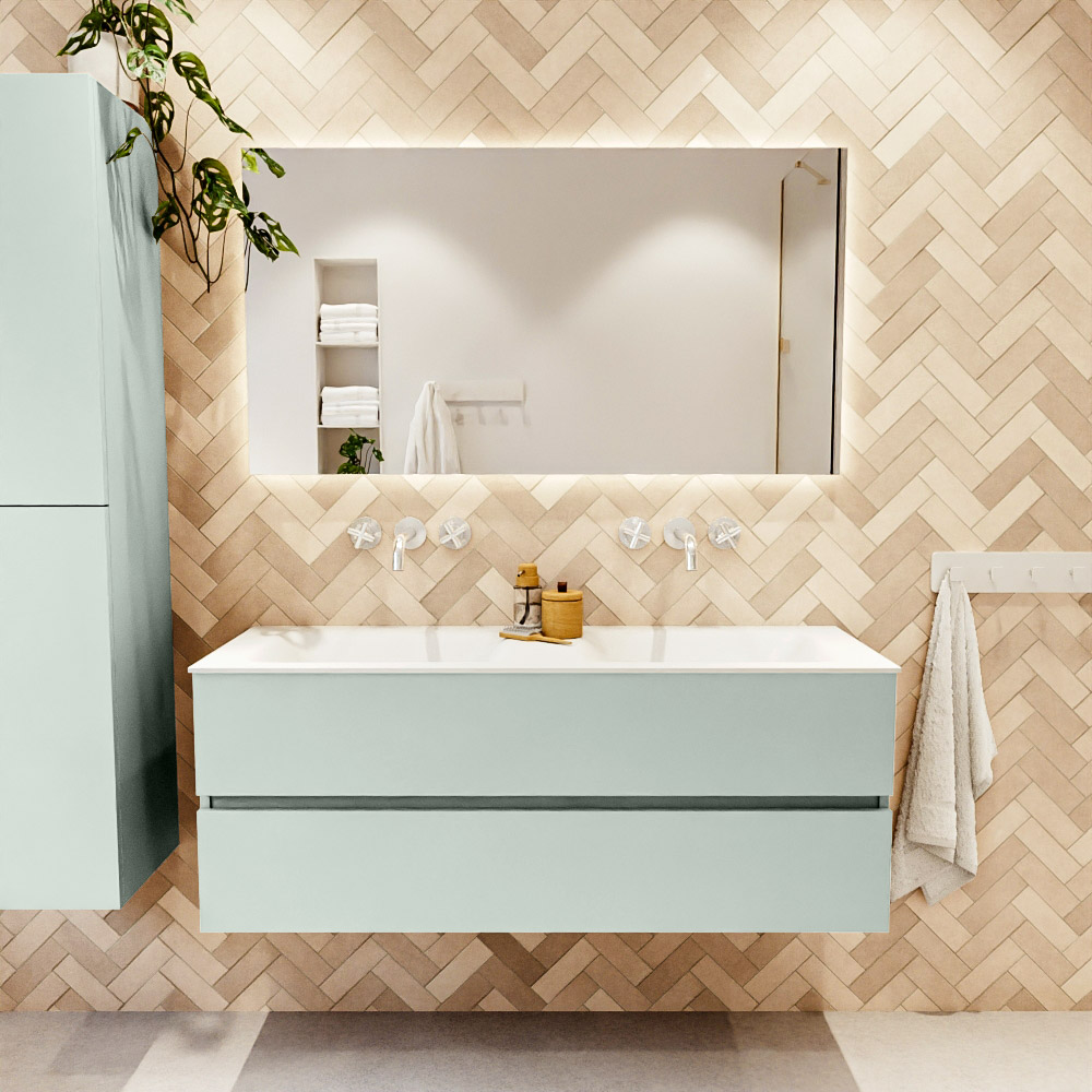 MONDIAZ VICA 130cm mueble de baño Greey 2 cajones. Lavabo CLOUD Doble sin orificio color Talc con espejo LED. 2 MONDIAZ VICA 130cm mueble de baño Greey 2 cajones. Lavabo CLOUD Doble sin orificio color Talc con espejo LED. - Imagen 2