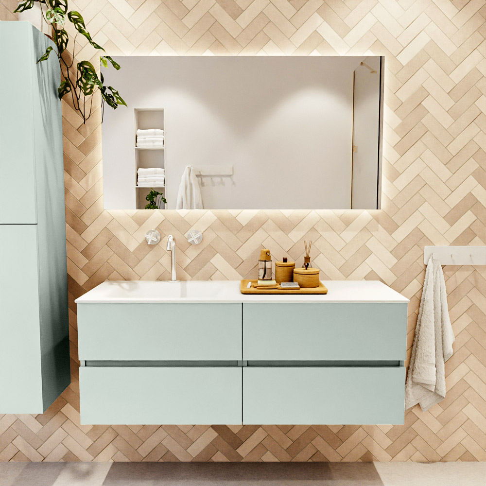 MONDIAZ VICA 130cm mueble de baño Greey 4 cajones. Lavabo CLOUD Izquierda 1 orificio color Talc con espejo LED. 2 MONDIAZ VICA 130cm mueble de baño Greey 4 cajones. Lavabo CLOUD Izquierda 1 orificio color Talc con espejo LED. - Imagen 2