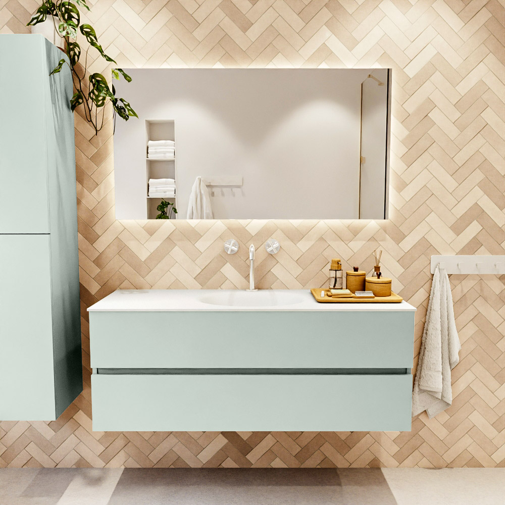 MONDIAZ VICA 130cm mueble de baño Greey 2 cajones. Lavabo MOON Centro 1 orificio color Talc con espejo LED. 2 MONDIAZ VICA 130cm mueble de baño Greey 2 cajones. Lavabo MOON Centro 1 orificio color Talc con espejo LED. - Imagen 2
