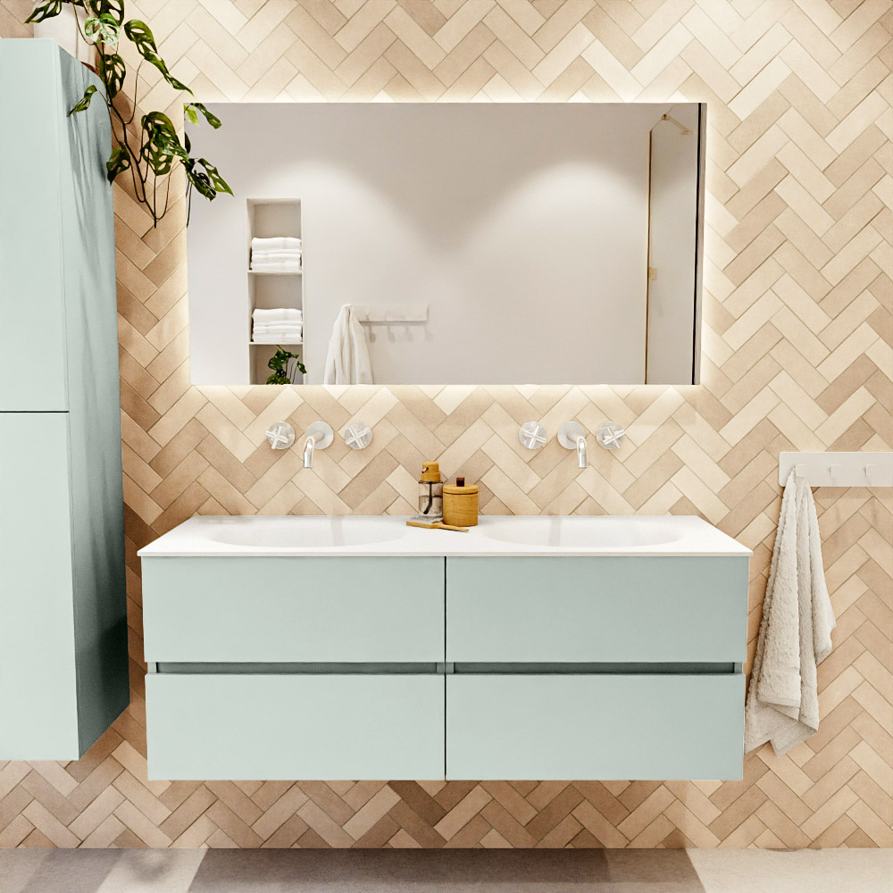 MONDIAZ VICA 130cm mueble de baño Greey 4 cajones. Lavabo MOON Doble sin orificio color Talc con espejo LED. 2 MONDIAZ VICA 130cm mueble de baño Greey 4 cajones. Lavabo MOON Doble sin orificio color Talc con espejo LED. - Imagen 2