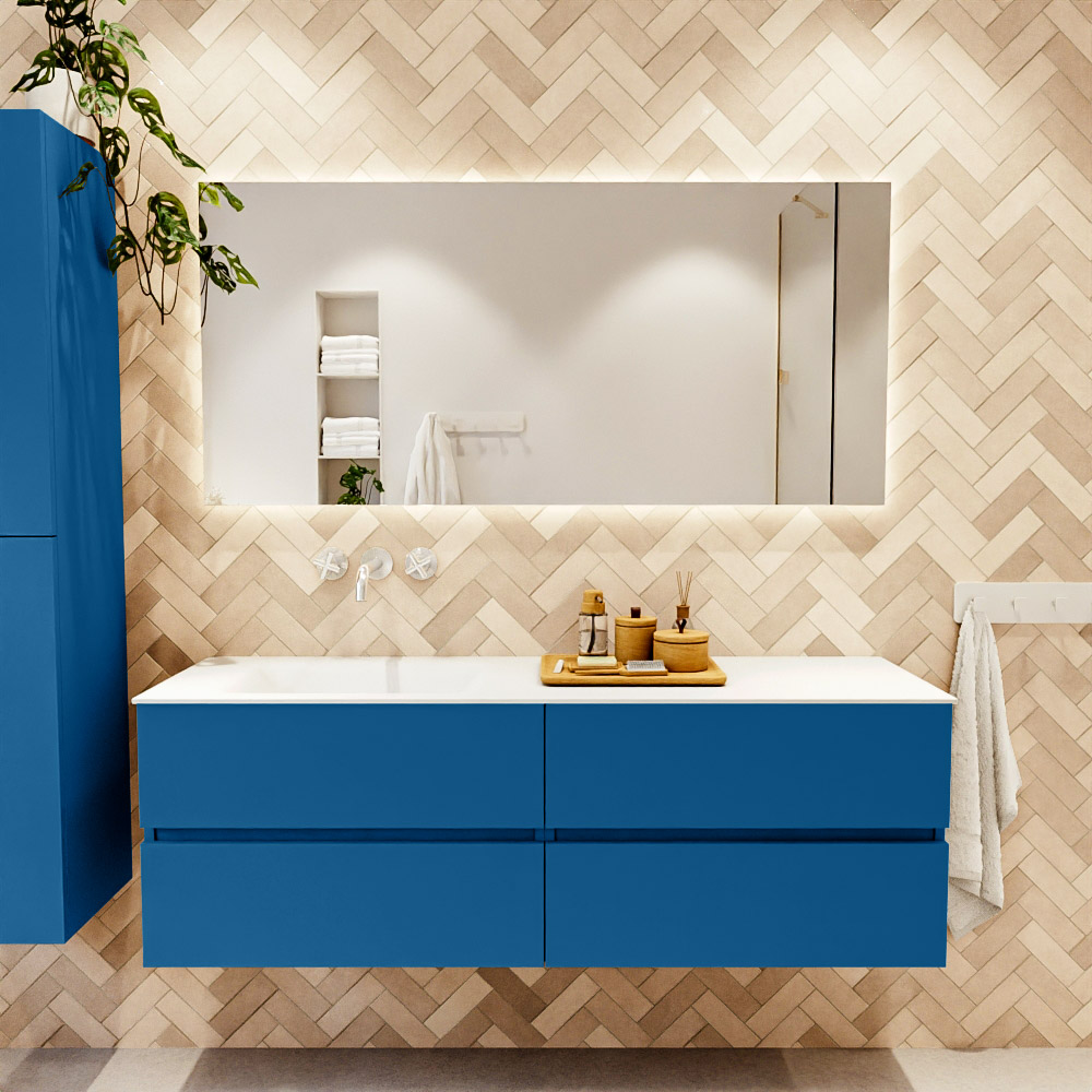 MONDIAZ VICA 150cm mueble de baño Jeans 4 cajones. Lavabo CLOUD Izquierda sin orificio color Talc con espejo LED. 2 MONDIAZ VICA 150cm mueble de baño Jeans 4 cajones. Lavabo CLOUD Izquierda sin orificio color Talc con espejo LED. - Imagen 2