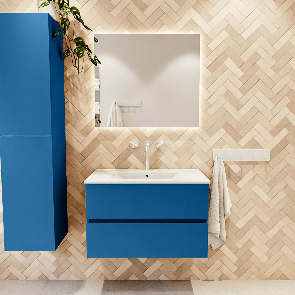 MONDIAZ VICA 80cm mueble de baño Jeans 2 cajones. Lavabo DENIA Centro 1 orificio, color Blanco brillo. 2 color Blanco brillo.