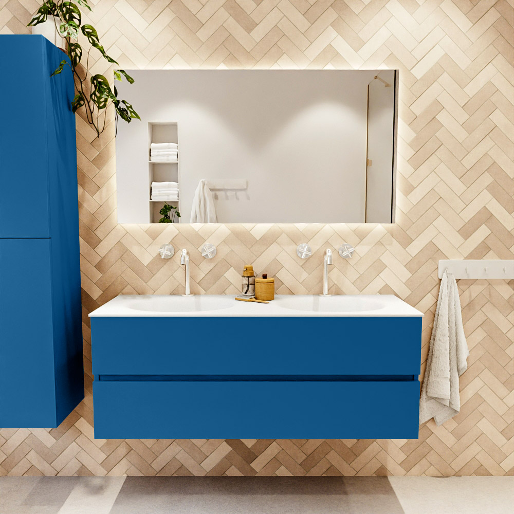 MONDIAZ VICA 130cm mueble de baño Jeans 2 cajones. Lavabo MOON Doble 2 orificios color Talc con espejo LED. 2 MONDIAZ VICA 130cm mueble de baño Jeans 2 cajones. Lavabo MOON Doble 2 orificios color Talc con espejo LED. - Imagen 2