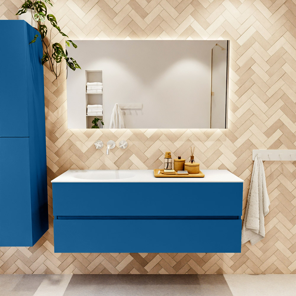MONDIAZ VICA 130cm mueble de baño Jeans 2 cajones. Lavabo MOON Izquierda sin orificio color Talc con espejo LED. 2 MONDIAZ VICA 130cm mueble de baño Jeans 2 cajones. Lavabo MOON Izquierda sin orificio color Talc con espejo LED. - Imagen 2