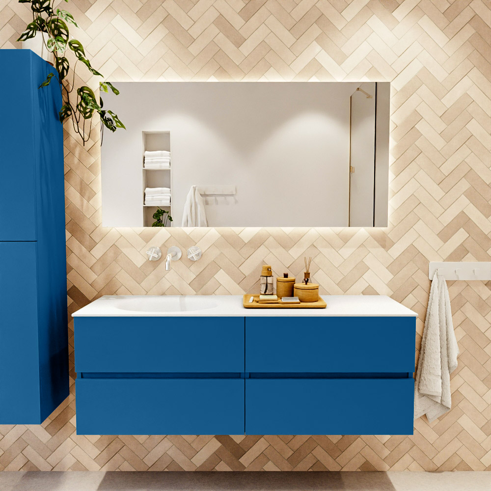MONDIAZ VICA 140cm mueble de baño Jeans 4 cajones. Lavabo MOON Izquierda sin orificio color Talc con espejo LED. 2 MONDIAZ VICA 140cm mueble de baño Jeans 4 cajones. Lavabo MOON Izquierda sin orificio color Talc con espejo LED. - Imagen 2