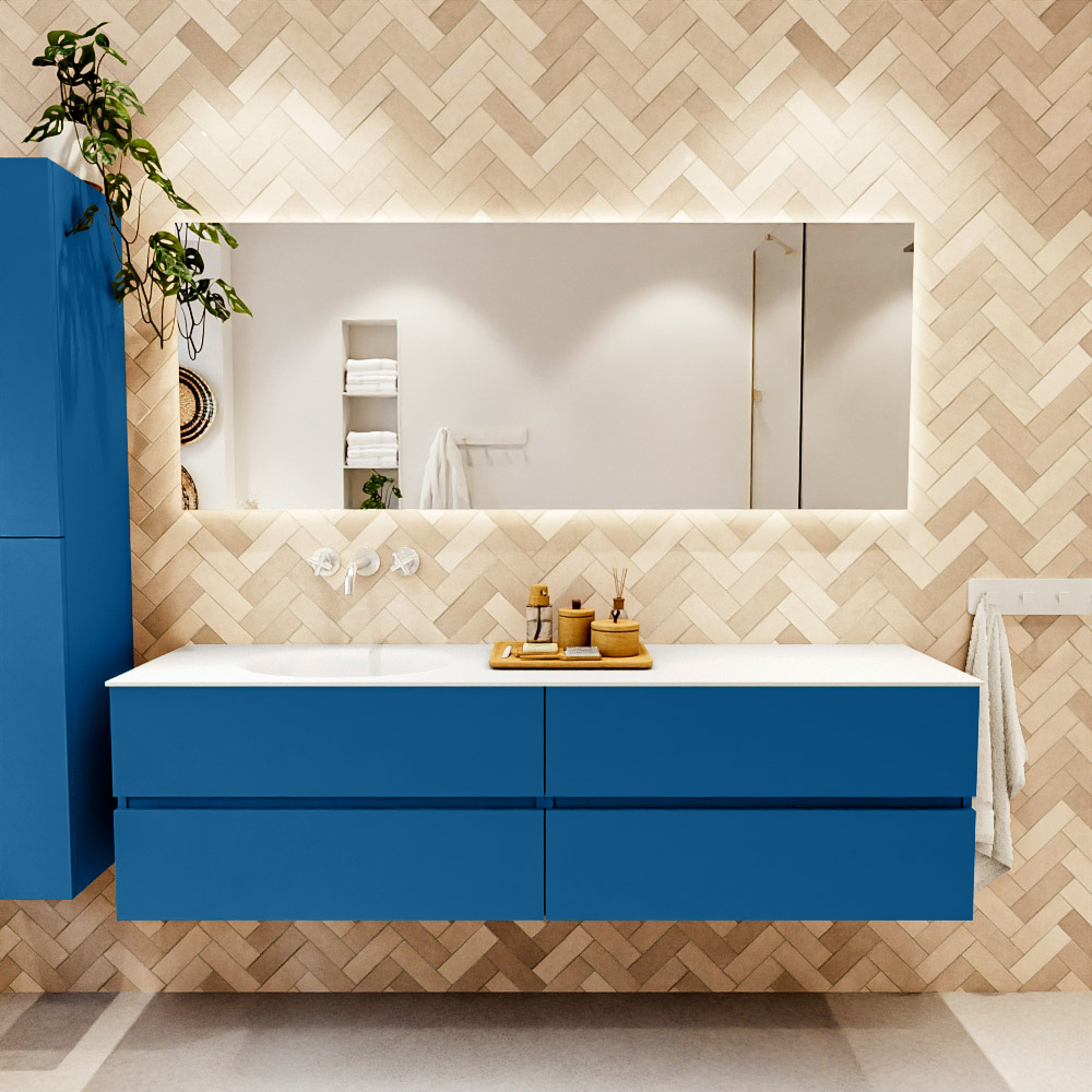 MONDIAZ VICA 180cm mueble de baño Jeans 4 cajones. Lavabo MOON Izquierda sin orificio color Talc con espejo LED. 2 MONDIAZ VICA 180cm mueble de baño Jeans 4 cajones. Lavabo MOON Izquierda sin orificio color Talc con espejo LED. - Imagen 2