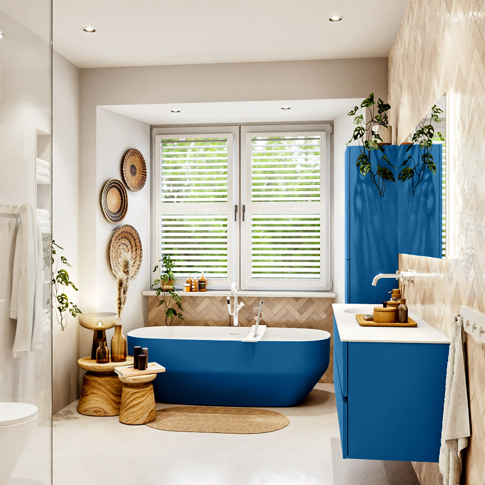 MONDIAZ VICA 150cm mueble de baño Jeans 4 cajones. Lavabo MOON Izquierda sin orificio color Talc con espejo LED. 3 MONDIAZ VICA 150cm mueble de baño Jeans 4 cajones. Lavabo MOON Izquierda sin orificio color Talc con espejo LED. - Imagen 3