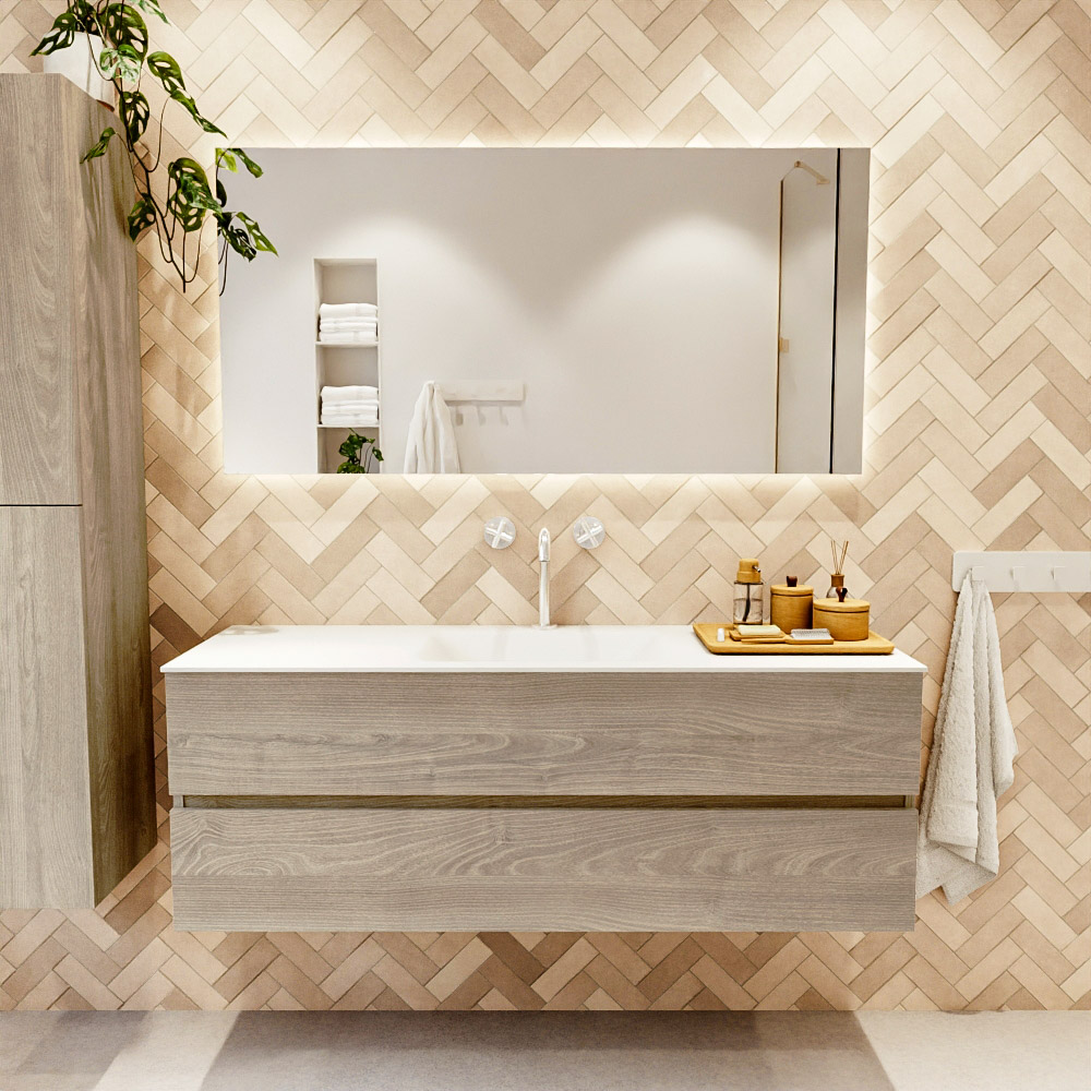 MONDIAZ VICA 140cm mueble de baño Light Brown Grey 2 cajones. Lavabo CLOUD Centro 1 orificio color Talc con espejo LED. 2 MONDIAZ VICA 140cm mueble de baño Light Brown Grey 2 cajones. Lavabo CLOUD Centro 1 orificio color Talc con espejo LED. - Imagen 2