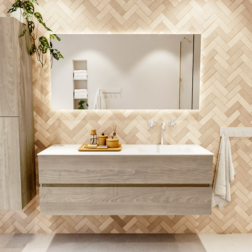 MONDIAZ VICA 140cm mueble de baño Light Brown Grey 2 cajones. Lavabo CLOUD Derecho 1 orificio color Talc con espejo LED. 2 MONDIAZ VICA 140cm mueble de baño Light Brown Grey 2 cajones. Lavabo CLOUD Derecho 1 orificio color Talc con espejo LED. - Imagen 2