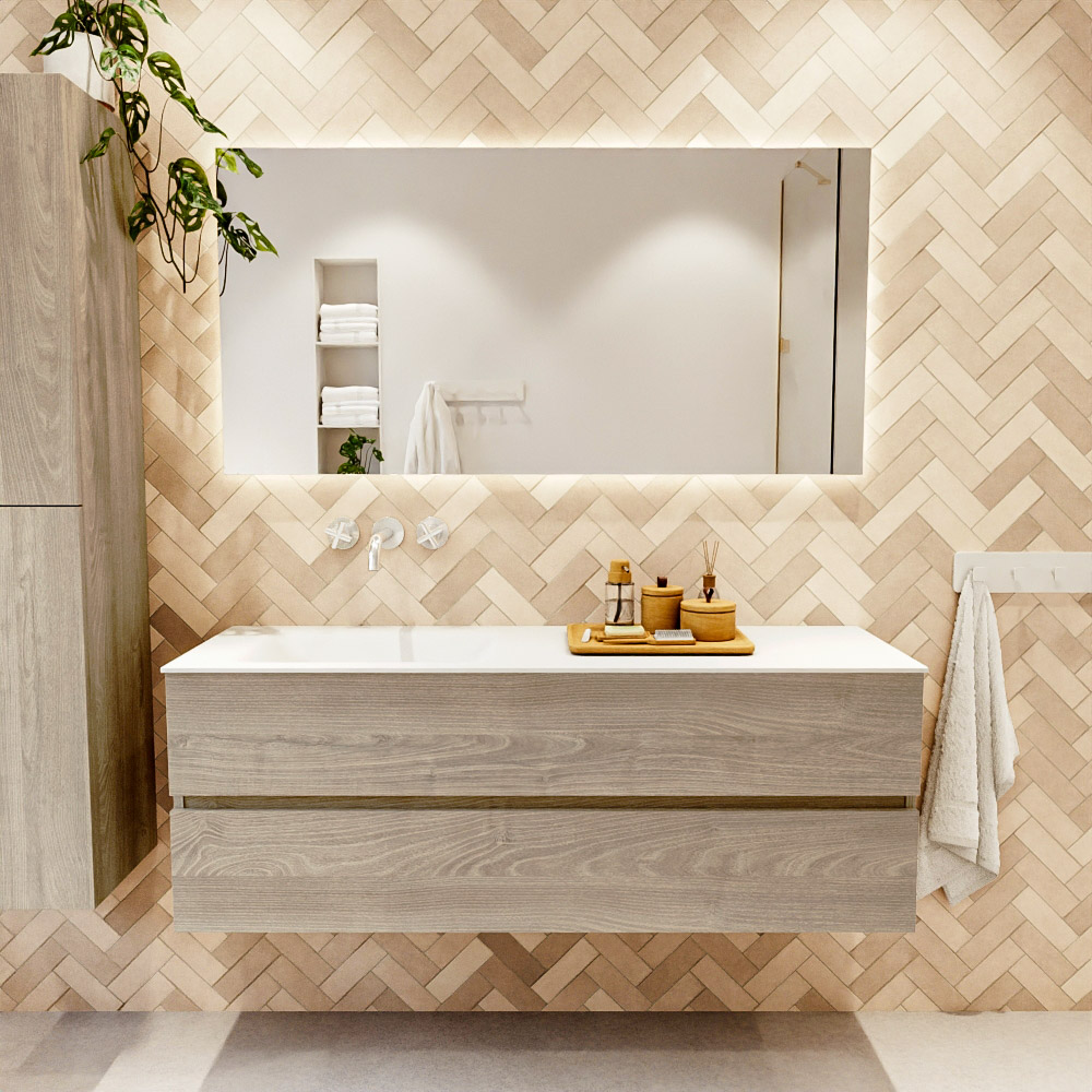 MONDIAZ VICA 140cm mueble de baño Light Brown Grey 2 cajones. Lavabo CLOUD Izquierda sin orificio color Talc con espejo LED. 2 MONDIAZ VICA 140cm mueble de baño Light Brown Grey 2 cajones. Lavabo CLOUD Izquierda sin orificio color Talc con espejo LED. - Imagen 2