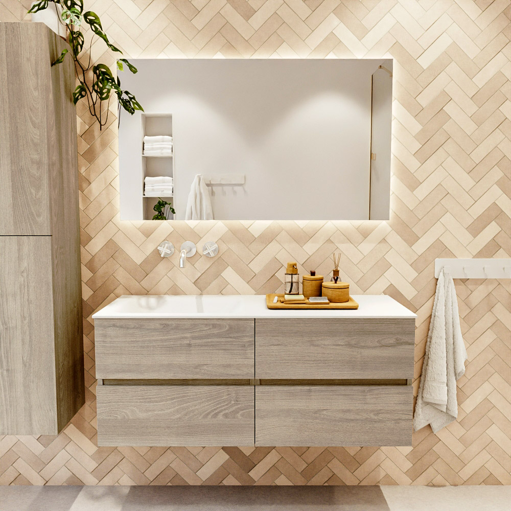MONDIAZ VICA 120cm mueble de baño Light Brown Grey 4 cajones. Lavabo CLOUD Izquierda sin orificio color Talc con espejo LED. 2 MONDIAZ VICA 120cm mueble de baño Light Brown Grey 4 cajones. Lavabo CLOUD Izquierda sin orificio color Talc con espejo LED. - Imagen 2