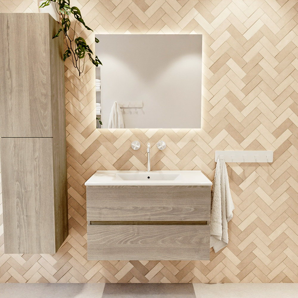 MONDIAZ VICA 80cm mueble de baño Light Brown Grey 2 cajones. Lavabo DENIA Centro 1 orificio, color Blanco brillo. 2 color Blanco brillo.