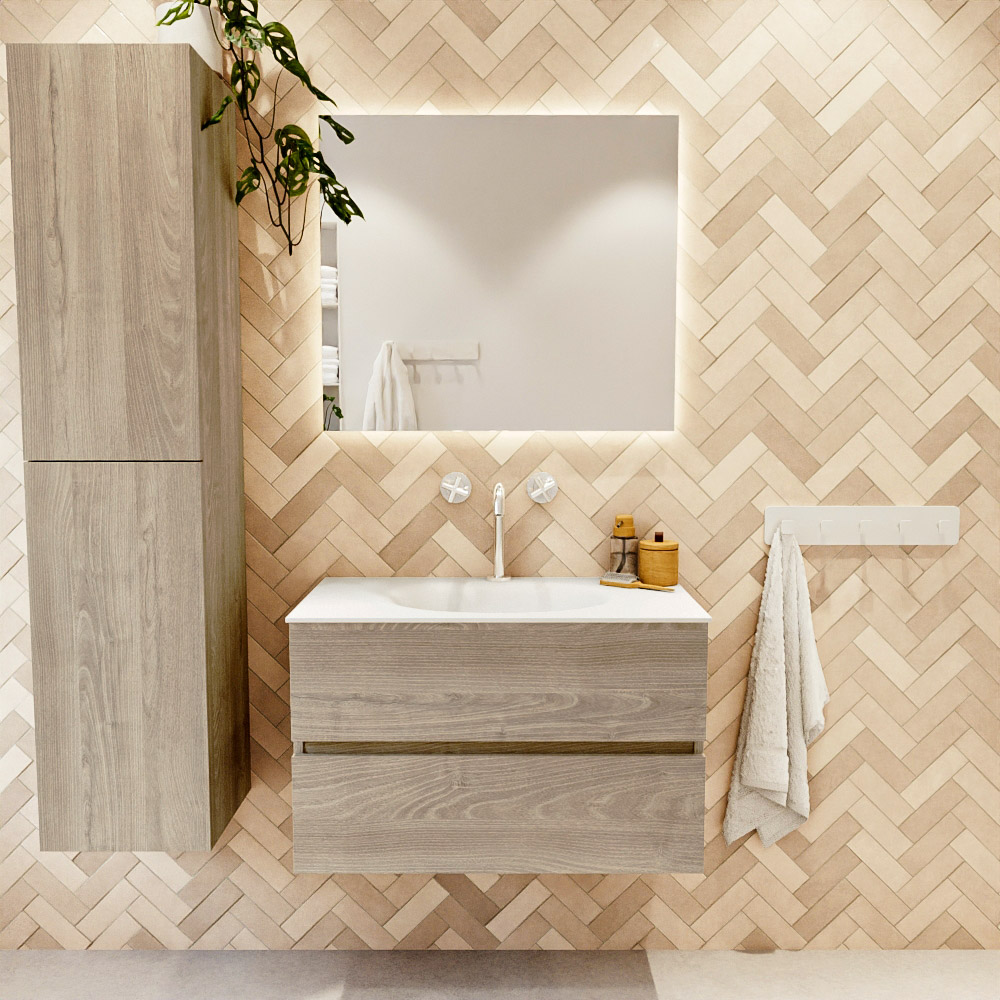 MONDIAZ VICA 80cm mueble de baño Light Brown Grey 2 cajones. Lavabo MOON Centro 1 orificio, color Talc. 2 color Talc.