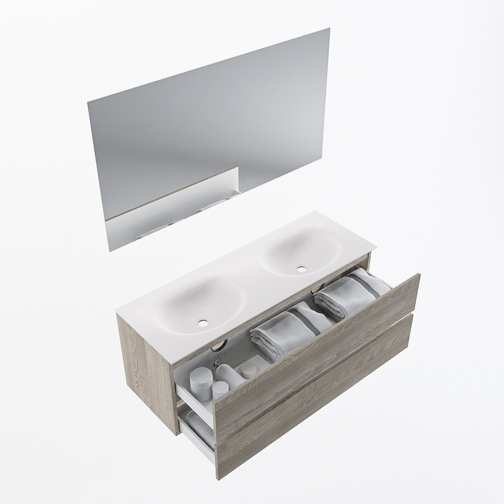 MONDIAZ VICA 130cm mueble de baño Light Brown Grey 2 cajones. Lavabo MOON Doble 2 orificios color Talc con espejo LED. 7 MONDIAZ VICA 130cm mueble de baño Light Brown Grey 2 cajones. Lavabo MOON Doble 2 orificios color Talc con espejo LED. - Imagen 7