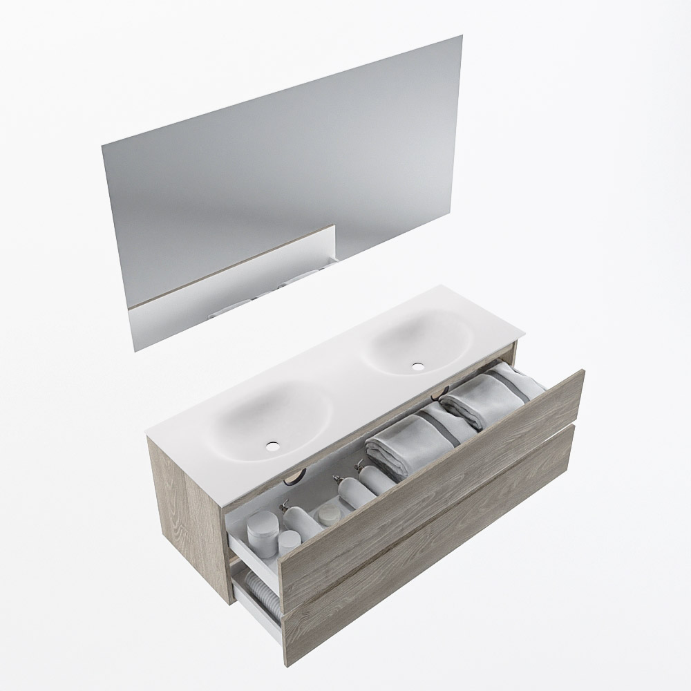 MONDIAZ VICA 140cm mueble de baño Light Brown Grey 2 cajones. Lavabo MOON Doble 2 orificios color Talc con espejo LED. 7 MONDIAZ VICA 140cm mueble de baño Light Brown Grey 2 cajones. Lavabo MOON Doble 2 orificios color Talc con espejo LED. - Imagen 7