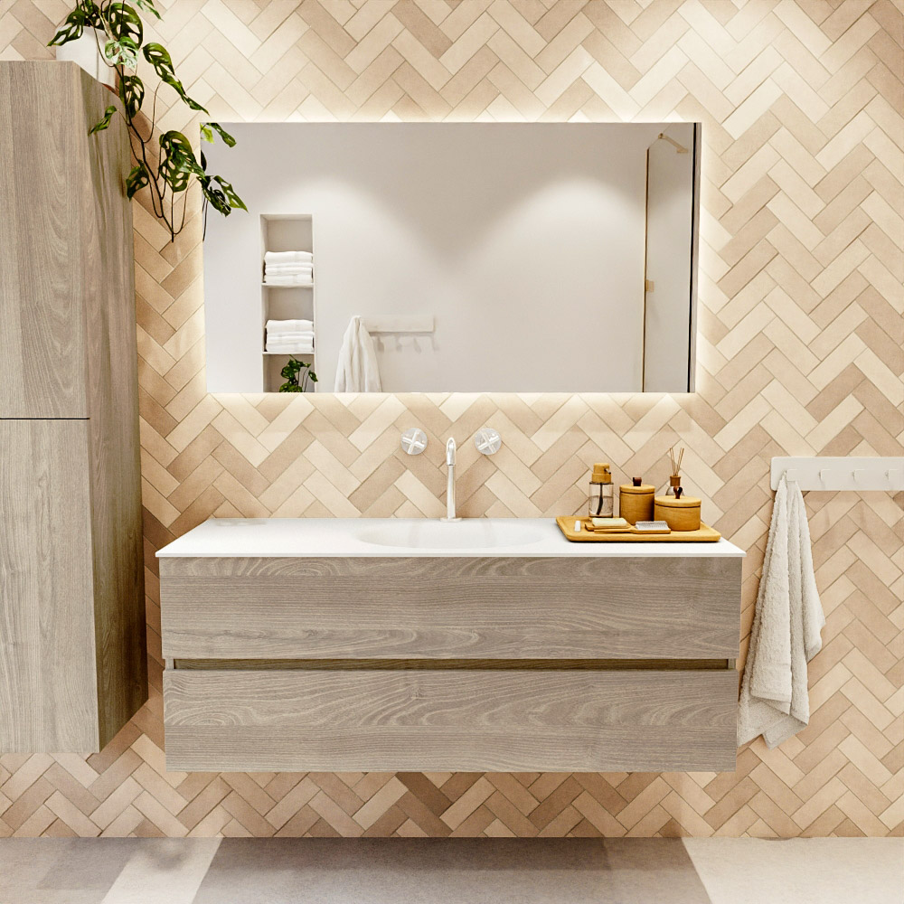 MONDIAZ VICA 130cm mueble de baño Light Brown Grey 2 cajones. Lavabo MOON Centro 1 orificio color Talc con espejo LED. 2 MONDIAZ VICA 130cm mueble de baño Light Brown Grey 2 cajones. Lavabo MOON Centro 1 orificio color Talc con espejo LED. - Imagen 2