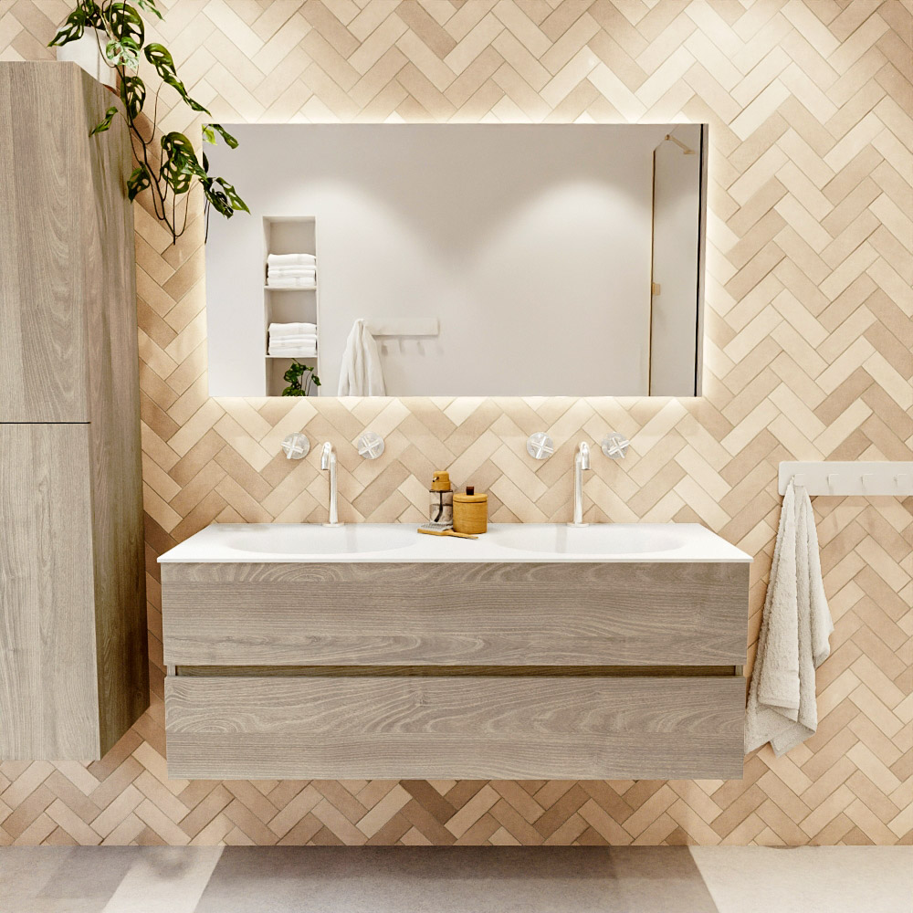 MONDIAZ VICA 130cm mueble de baño Light Brown Grey 2 cajones. Lavabo MOON Doble 2 orificios color Talc con espejo LED. 2 MONDIAZ VICA 130cm mueble de baño Light Brown Grey 2 cajones. Lavabo MOON Doble 2 orificios color Talc con espejo LED. - Imagen 2