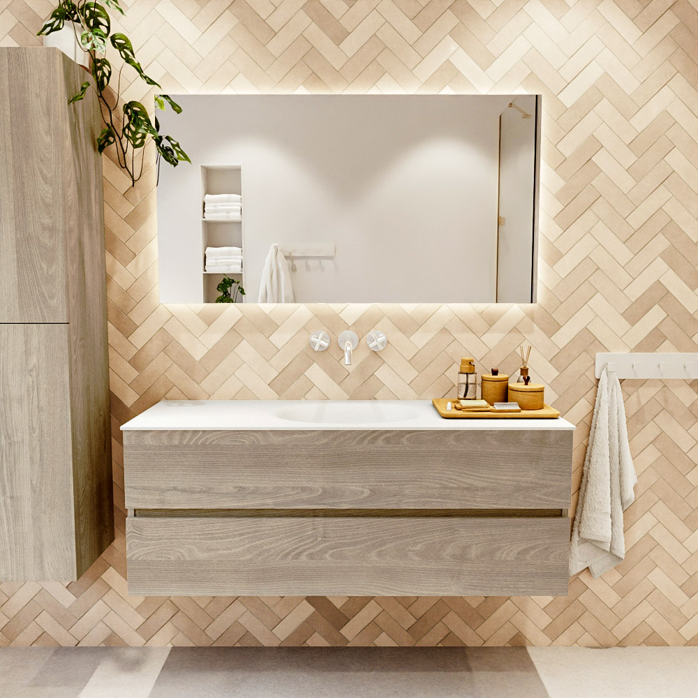 MONDIAZ VICA 130cm mueble de baño Light Brown Grey 2 cajones. Lavabo MOON Centro sin orificio color Talc con espejo LED. 2 MONDIAZ VICA 130cm mueble de baño Light Brown Grey 2 cajones. Lavabo MOON Centro sin orificio color Talc con espejo LED. - Imagen 2
