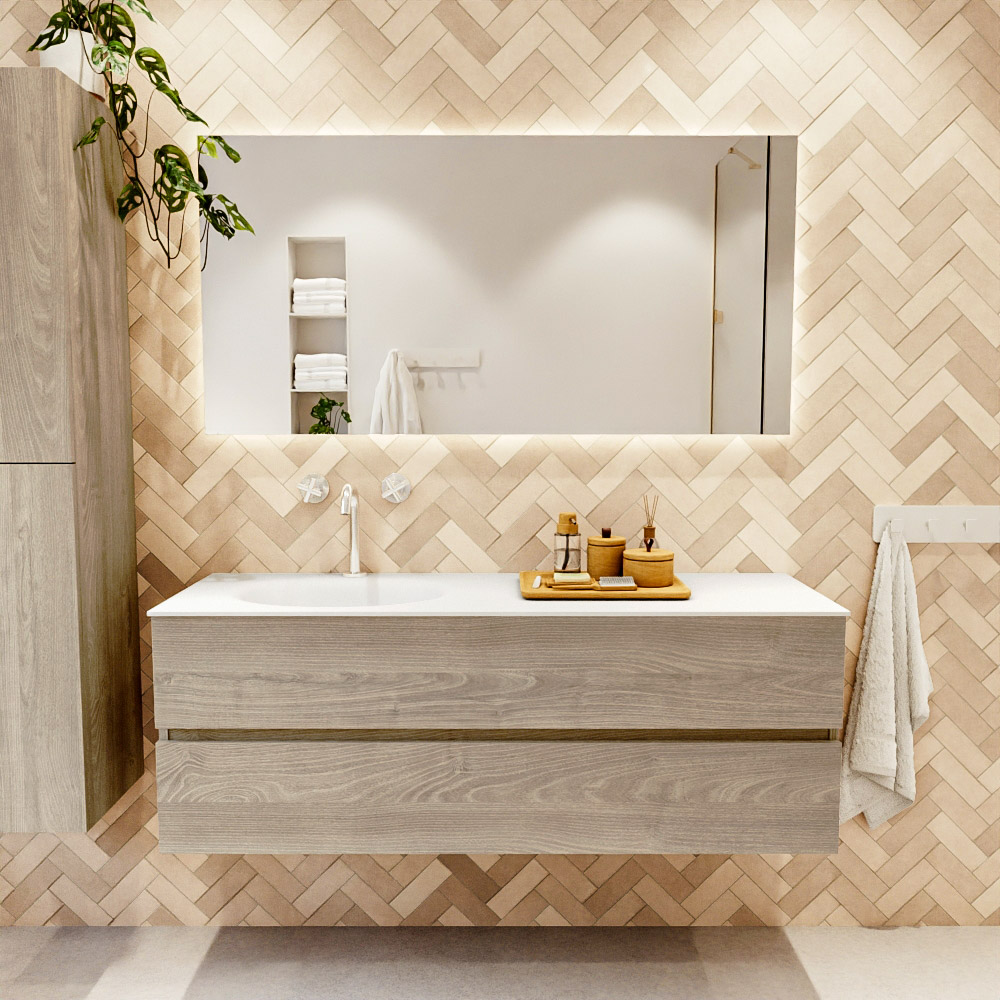 MONDIAZ VICA 140cm mueble de baño Light Brown Grey 2 cajones. Lavabo MOON Izquierda 1 orificio color Talc con espejo LED. 2 MONDIAZ VICA 140cm mueble de baño Light Brown Grey 2 cajones. Lavabo MOON Izquierda 1 orificio color Talc con espejo LED. - Imagen 2