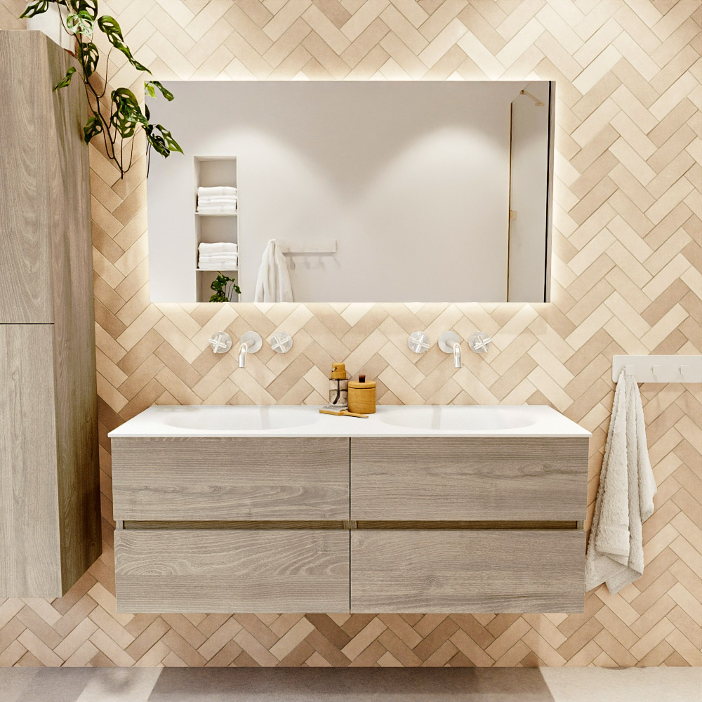 MONDIAZ VICA 130cm mueble de baño Light Brown Grey 4 cajones. Lavabo MOON Doble sin orificio color Talc con espejo LED. 2 MONDIAZ VICA 130cm mueble de baño Light Brown Grey 4 cajones. Lavabo MOON Doble sin orificio color Talc con espejo LED. - Imagen 2
