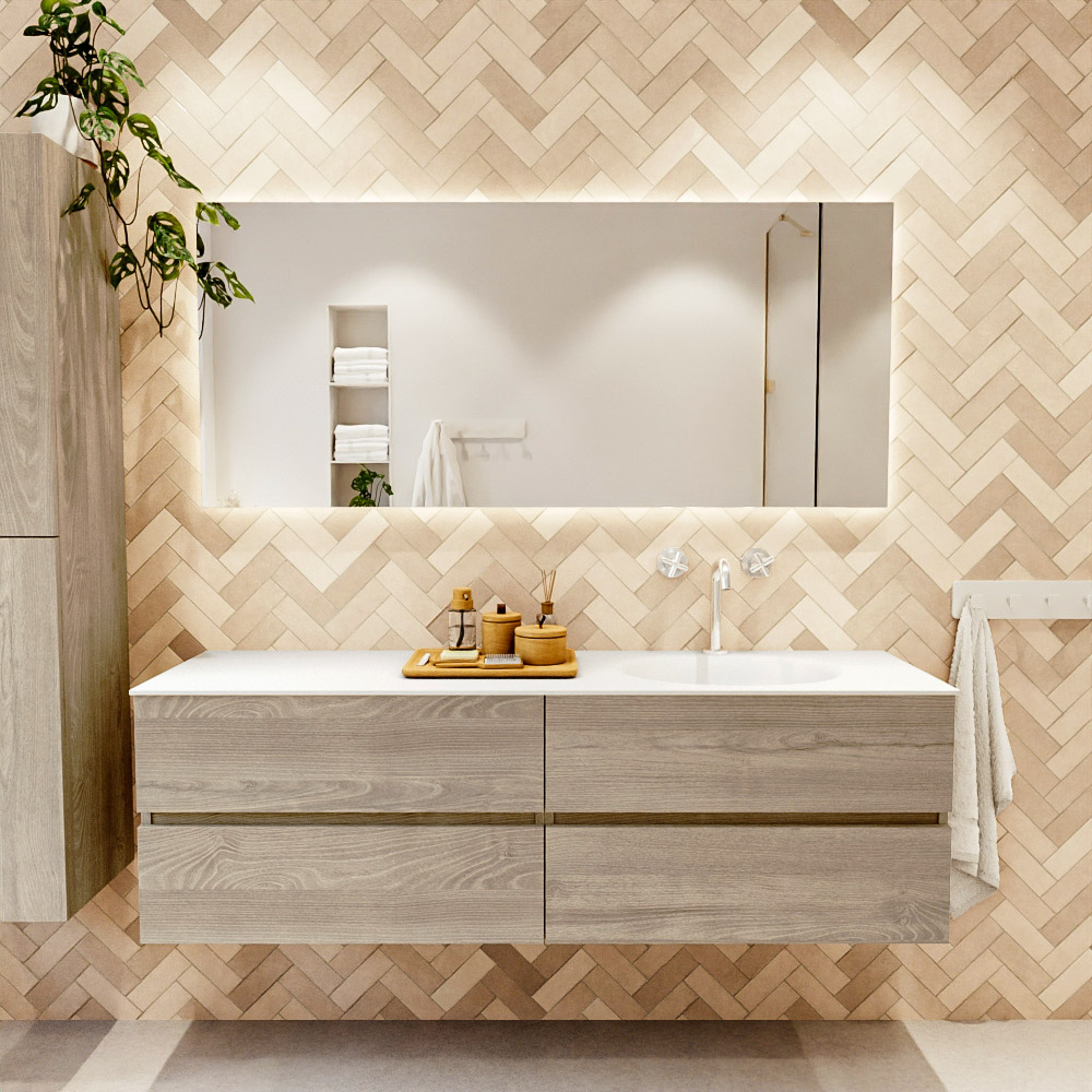 MONDIAZ VICA 160cm mueble de baño Light Brown Grey 4 cajones. Lavabo MOON Derecho 1 orificio color Talc con espejo LED. 2 MONDIAZ VICA 160cm mueble de baño Light Brown Grey 4 cajones. Lavabo MOON Derecho 1 orificio color Talc con espejo LED. - Imagen 2