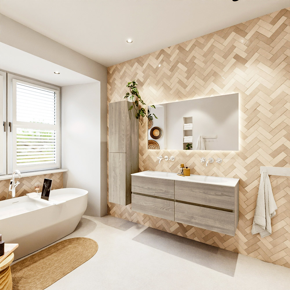 MONDIAZ VICA 130cm mueble de baño Light Brown Grey 4 cajones. Lavabo MOON Doble sin orificio color Talc con espejo LED. 4 MONDIAZ VICA 130cm mueble de baño Light Brown Grey 4 cajones. Lavabo MOON Doble sin orificio color Talc con espejo LED. - Imagen 4