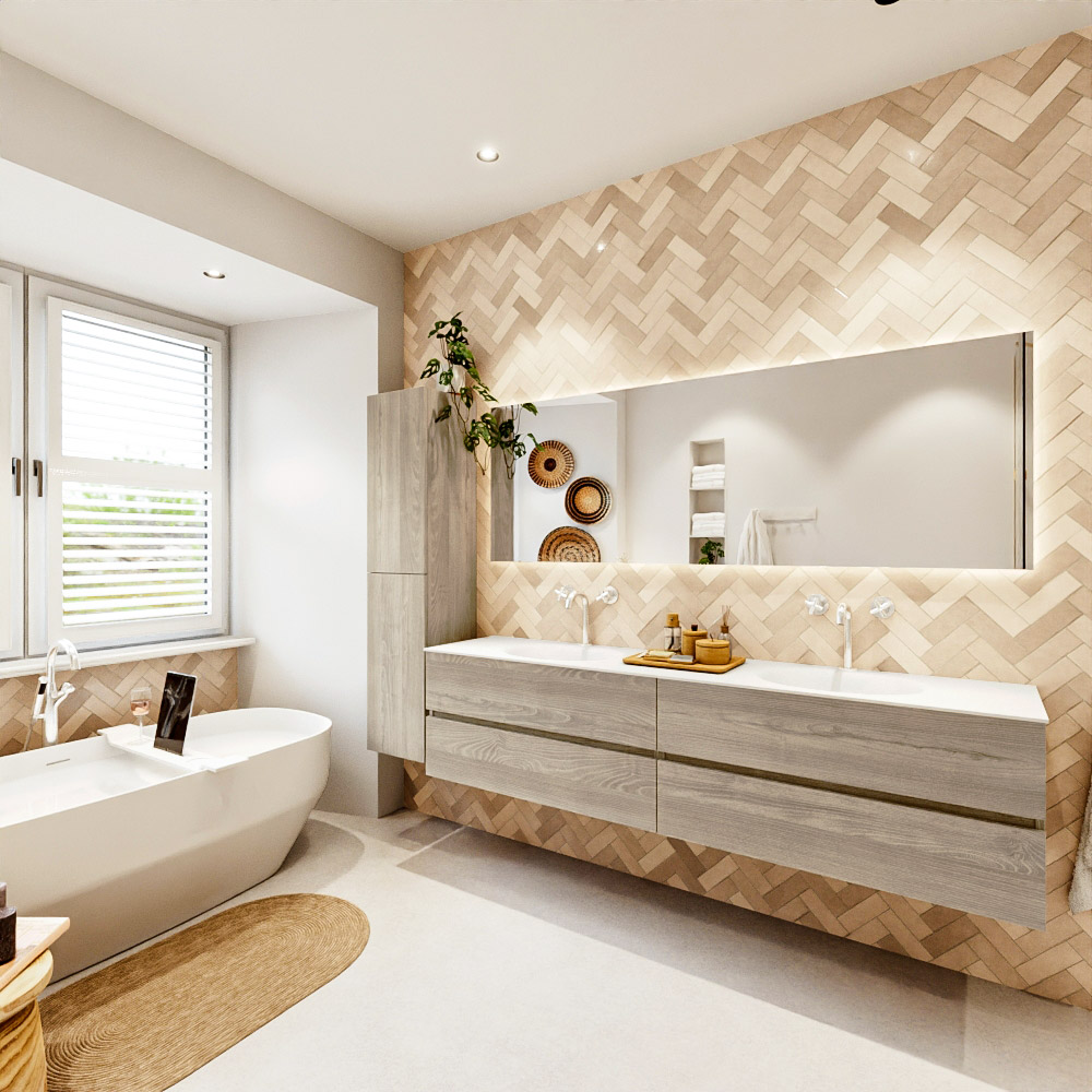 MONDIAZ VICA 200cm mueble de baño Light Brown Grey 4 cajones. Lavabo MOON Doble 2 orificios color Talc con espejo LED. 4 MONDIAZ VICA 200cm mueble de baño Light Brown Grey 4 cajones. Lavabo MOON Doble 2 orificios color Talc con espejo LED. - Imagen 4