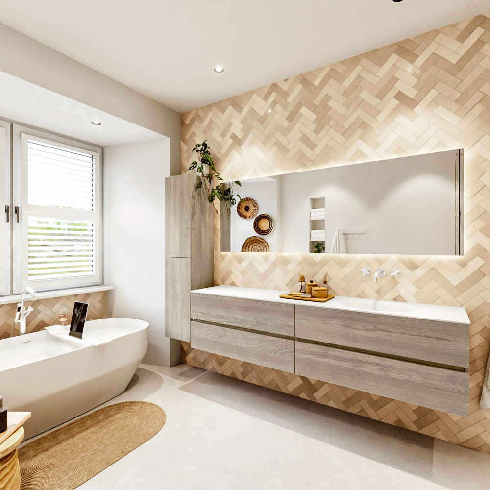 MONDIAZ VICA 200cm mueble de baño Light Brown Grey 4 cajones. Lavabo MOON Derecho sin orificio color Talc con espejo LED. 4 MONDIAZ VICA 200cm mueble de baño Light Brown Grey 4 cajones. Lavabo MOON Derecho sin orificio color Talc con espejo LED. - Imagen 4