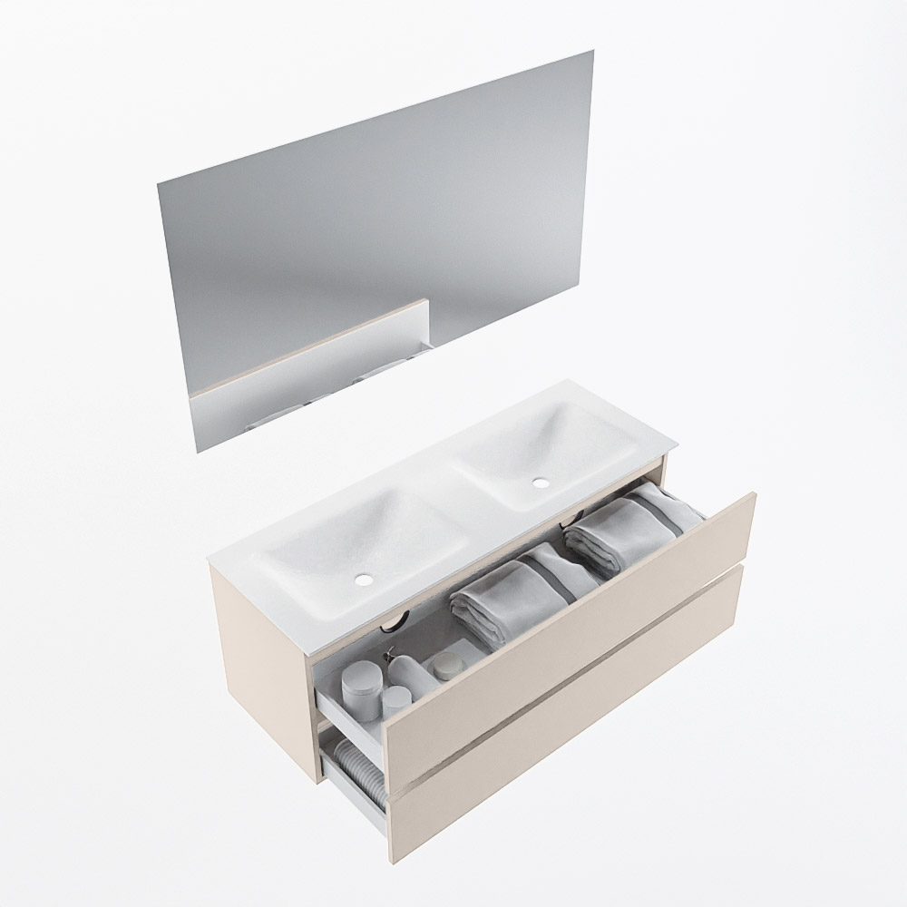 MONDIAZ VICA 130cm mueble de baño Linen 2 cajones. Lavabo CLOUD Doble 2 orificios color Talc con espejo LED. 6 MONDIAZ VICA 130cm mueble de baño Linen 2 cajones. Lavabo CLOUD Doble 2 orificios color Talc con espejo LED. - Imagen 7