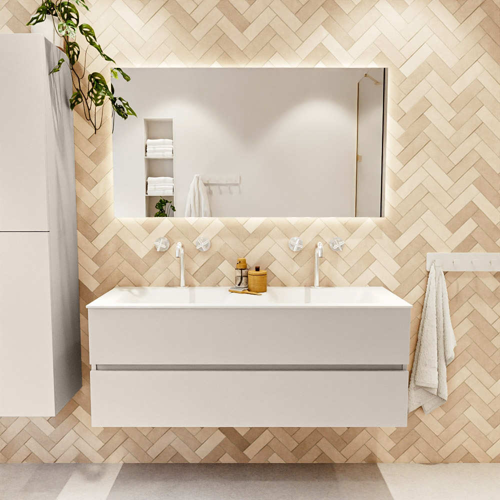MONDIAZ VICA 130cm mueble de baño Linen 2 cajones. Lavabo CLOUD Doble 2 orificios color Talc con espejo LED. 2 MONDIAZ VICA 130cm mueble de baño Linen 2 cajones. Lavabo CLOUD Doble 2 orificios color Talc con espejo LED. - Imagen 2