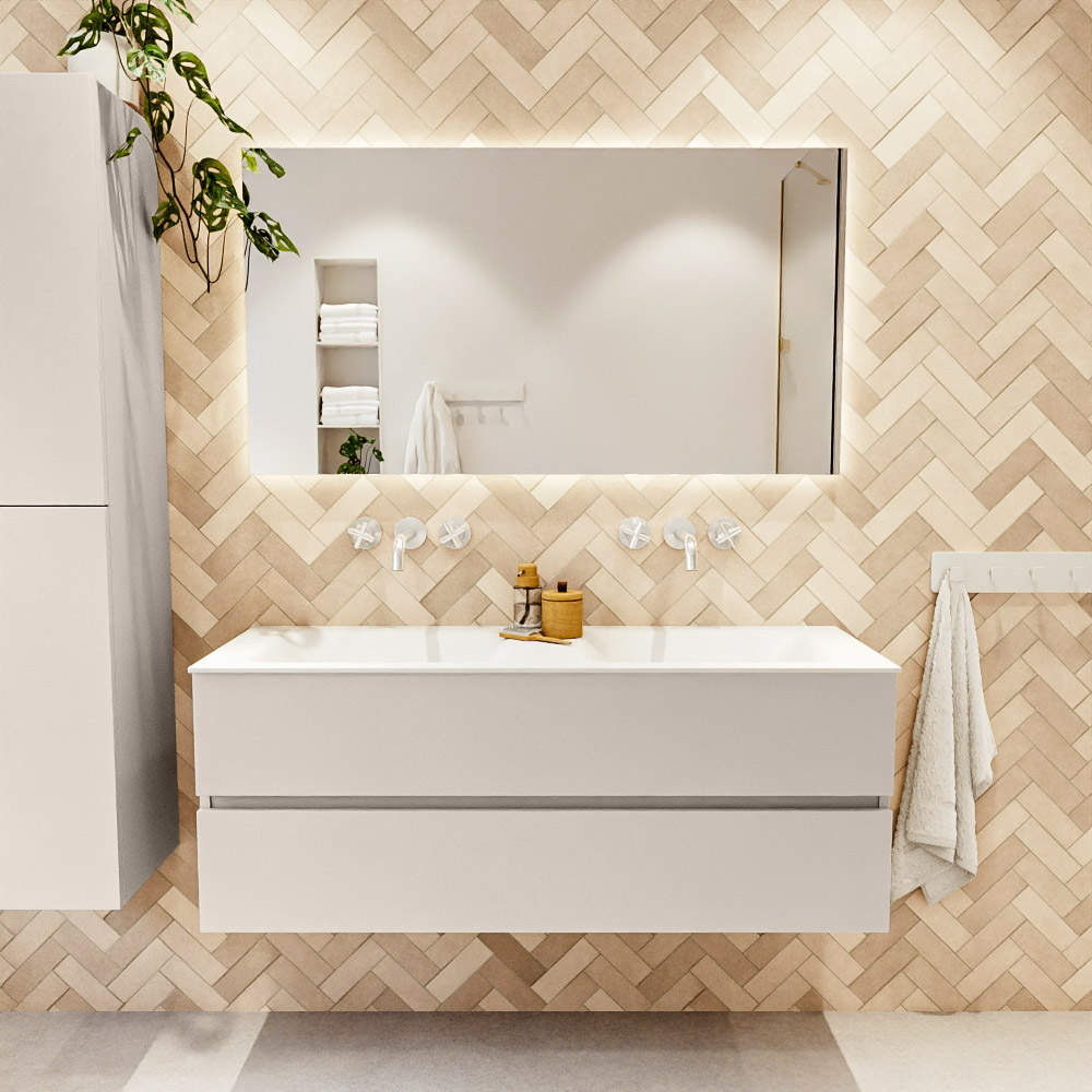 MONDIAZ VICA 130cm mueble de baño Linen 2 cajones. Lavabo CLOUD Doble sin orificio color Talc con espejo LED. 2 MONDIAZ VICA 130cm mueble de baño Linen 2 cajones. Lavabo CLOUD Doble sin orificio color Talc con espejo LED. - Imagen 2