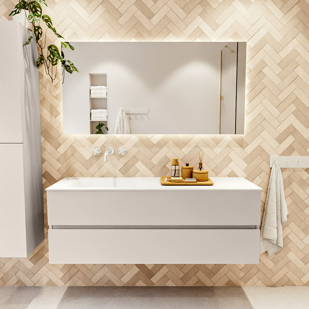 MONDIAZ VICA 140cm mueble de baño Linen 2 cajones. Lavabo CLOUD Izquierda sin orificio color Talc con espejo LED. 2 MONDIAZ VICA 140cm mueble de baño Linen 2 cajones. Lavabo CLOUD Izquierda sin orificio color Talc con espejo LED. - Imagen 2