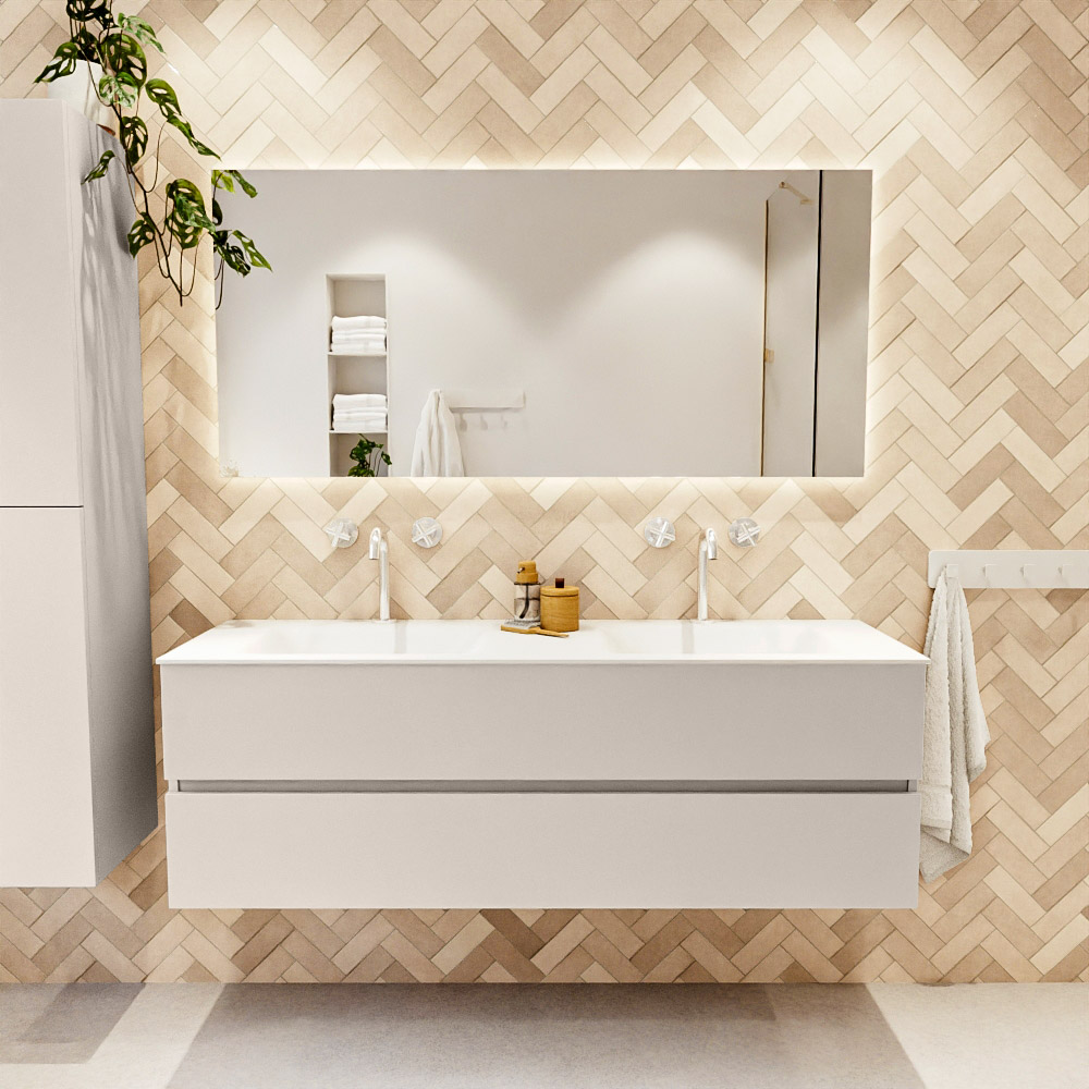 MONDIAZ VICA 150cm mueble de baño Linen 2 cajones. Lavabo CLOUD Doble 2 orificios color Talc con espejo LED. 2 MONDIAZ VICA 150cm mueble de baño Linen 2 cajones. Lavabo CLOUD Doble 2 orificios color Talc con espejo LED. - Imagen 2