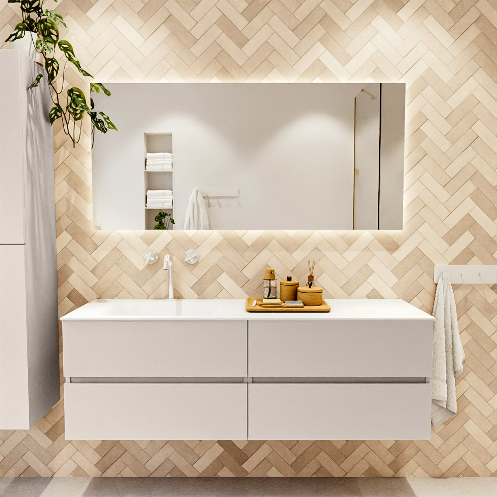 MONDIAZ VICA 150cm mueble de baño Linen 4 cajones. Lavabo CLOUD Izquierda 1 orificio color Talc con espejo LED. 2 MONDIAZ VICA 150cm mueble de baño Linen 4 cajones. Lavabo CLOUD Izquierda 1 orificio color Talc con espejo LED. - Imagen 2