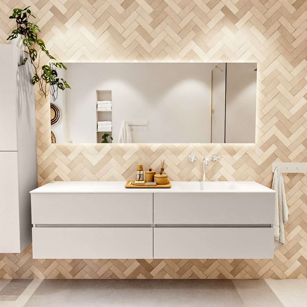 MONDIAZ VICA 180cm mueble de baño Linen 4 cajones. Lavabo CLOUD Derecho 1 orificio color Talc con espejo LED. 2 MONDIAZ VICA 180cm mueble de baño Linen 4 cajones. Lavabo CLOUD Derecho 1 orificio color Talc con espejo LED. - Imagen 2