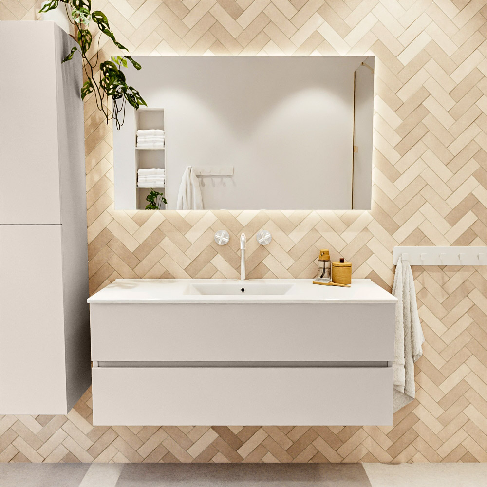 MONDIAZ VICA 120cm mueble de baño Linen 2 cajones. Lavabo DENIA Centro 1 orificio color Blanco brillo con espejo LED. 2 MONDIAZ VICA 120cm mueble de baño Linen 2 cajones. Lavabo DENIA Centro 1 orificio color Blanco brillo con espejo LED. - Imagen 2