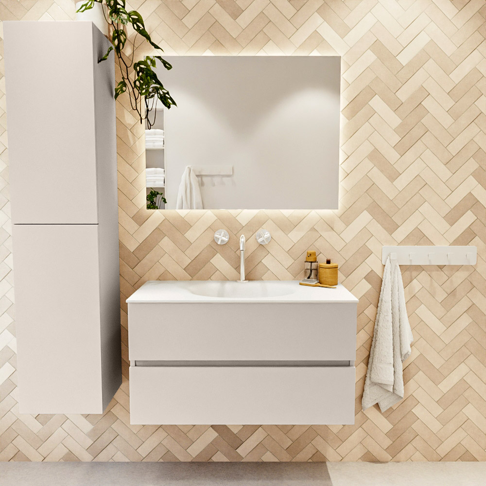 MONDIAZ VICA 90cm mueble de baño Linen 2 cajones. Lavabo MOON Centro 1 orificio color Talc con espejo LED. 2 MONDIAZ VICA 90cm mueble de baño Linen 2 cajones. Lavabo MOON Centro 1 orificio color Talc con espejo LED. - Imagen 2