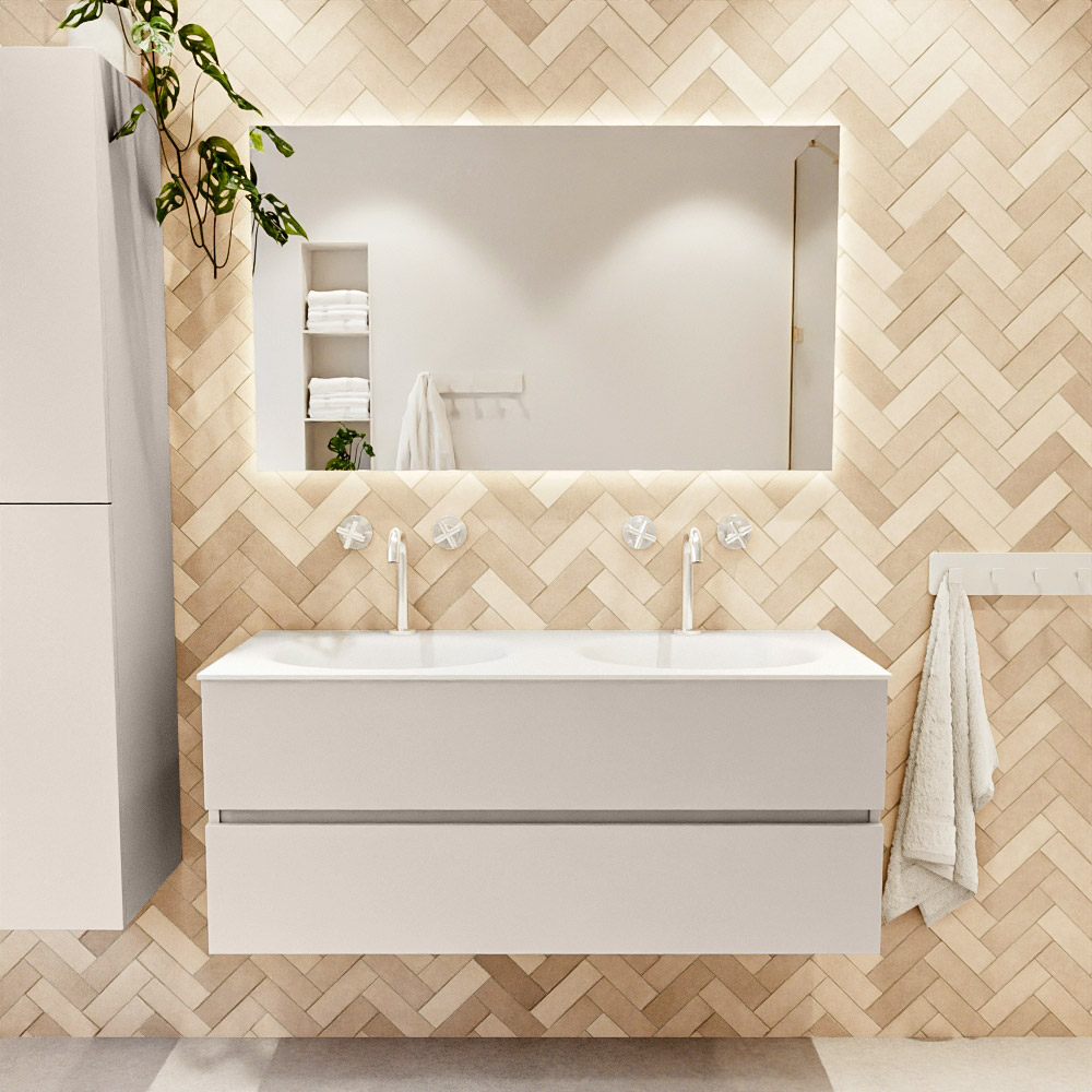 MONDIAZ VICA 120cm mueble de baño Linen 2 cajones. Lavabo MOON Doble 2 orificios color Talc con espejo LED. 2 MONDIAZ VICA 120cm mueble de baño Linen 2 cajones. Lavabo MOON Doble 2 orificios color Talc con espejo LED. - Imagen 2