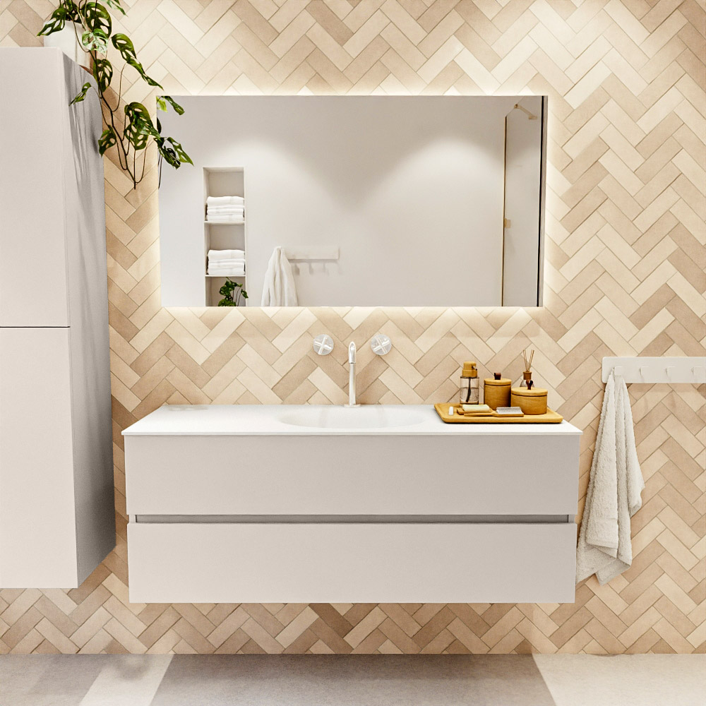 MONDIAZ VICA 130cm mueble de baño Linen 2 cajones. Lavabo MOON Centro 1 orificio color Talc con espejo LED. 2 MONDIAZ VICA 130cm mueble de baño Linen 2 cajones. Lavabo MOON Centro 1 orificio color Talc con espejo LED. - Imagen 2